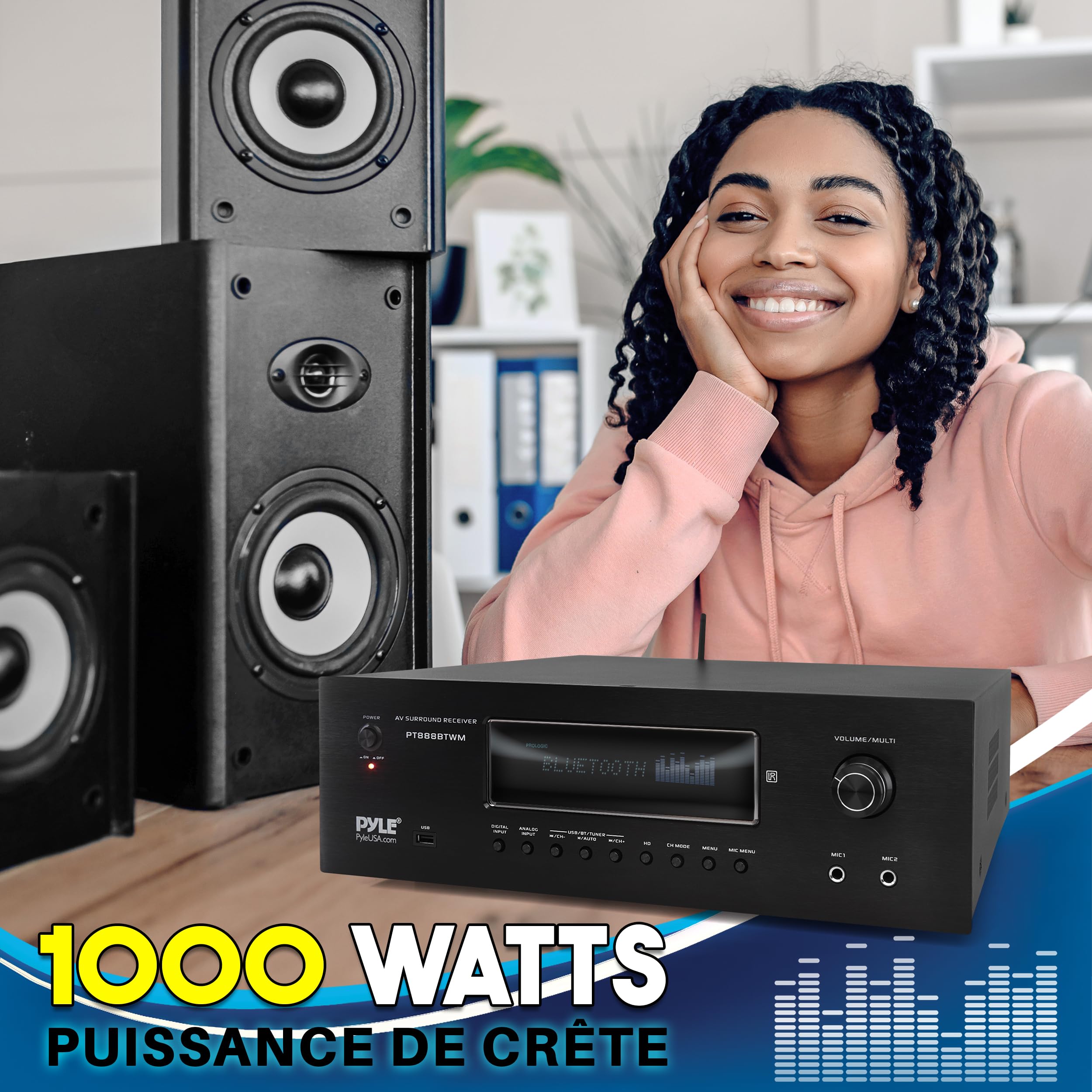 Pyle Récepteur Home Cinéma Bluetooth 5.2 1000W – Amplificateur Stéréo Karaoké avec 2 Micros sans Fil UHF, HDMI 4K/3D, MP3/USB, Radio AM/FM – Égaliseur DSP, Écho & Contrôle Volume Micro – Noir