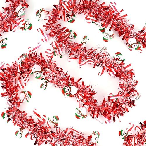 Guirnalda de oropel para árbol de Navidad de 33 pies, guirnalda roja para árbol de Navidad con bastón de caramelo y muñeco de nieve, guirnaldas de