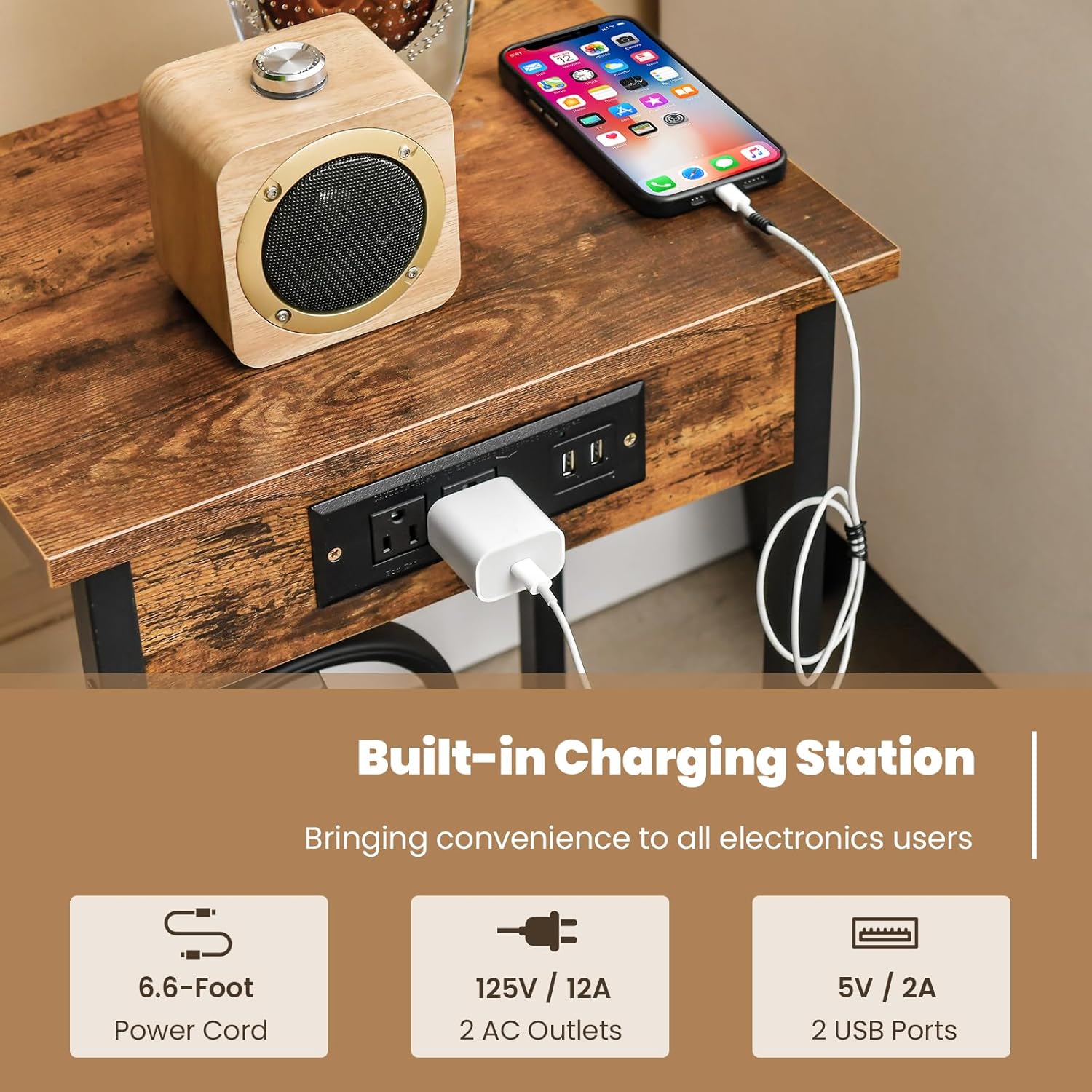 Rustic Brown Industrial End Tables with Charging Station, Set of 2