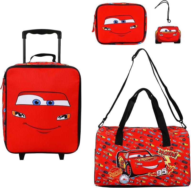 Cars Lightning McQueen Kids' 4-Piece Travel Set With Suitcase, Duffle Bag, Toiletries Case, and Luggage Tag
