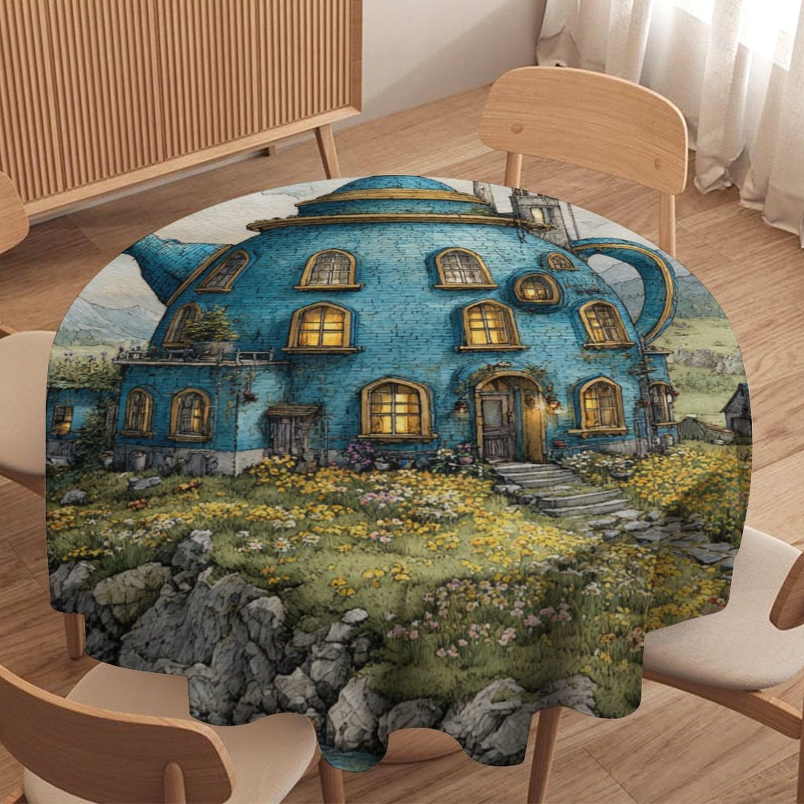 LUYYSKY Colorful Anime Fantasy Castle Round Tablecloth Beautiful Rustic Woodland Fairy Tale Enchanted Forest Castle Washable Decor for Table Cover for Kitchen-91.4" Wx91.4 L cm