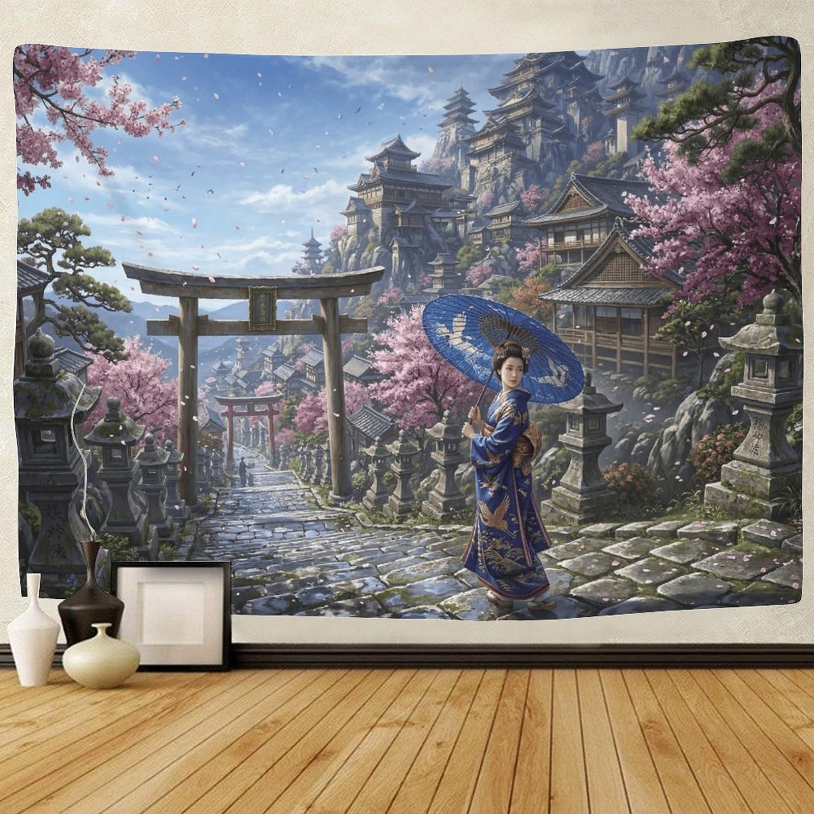 GPMNBCXZK Japanese Geisha Wall Tapestry Bedroom Living Room Home Décor 3D Cherry Blossom Wall Art Decoration 130cmx150cm