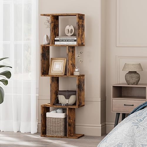 Miniatura 6 de Homhedy Estantería de 4 niveles, estantería geométrica en forma de S, moderna estantería de pie para sala de estar, dormitorio, estante de