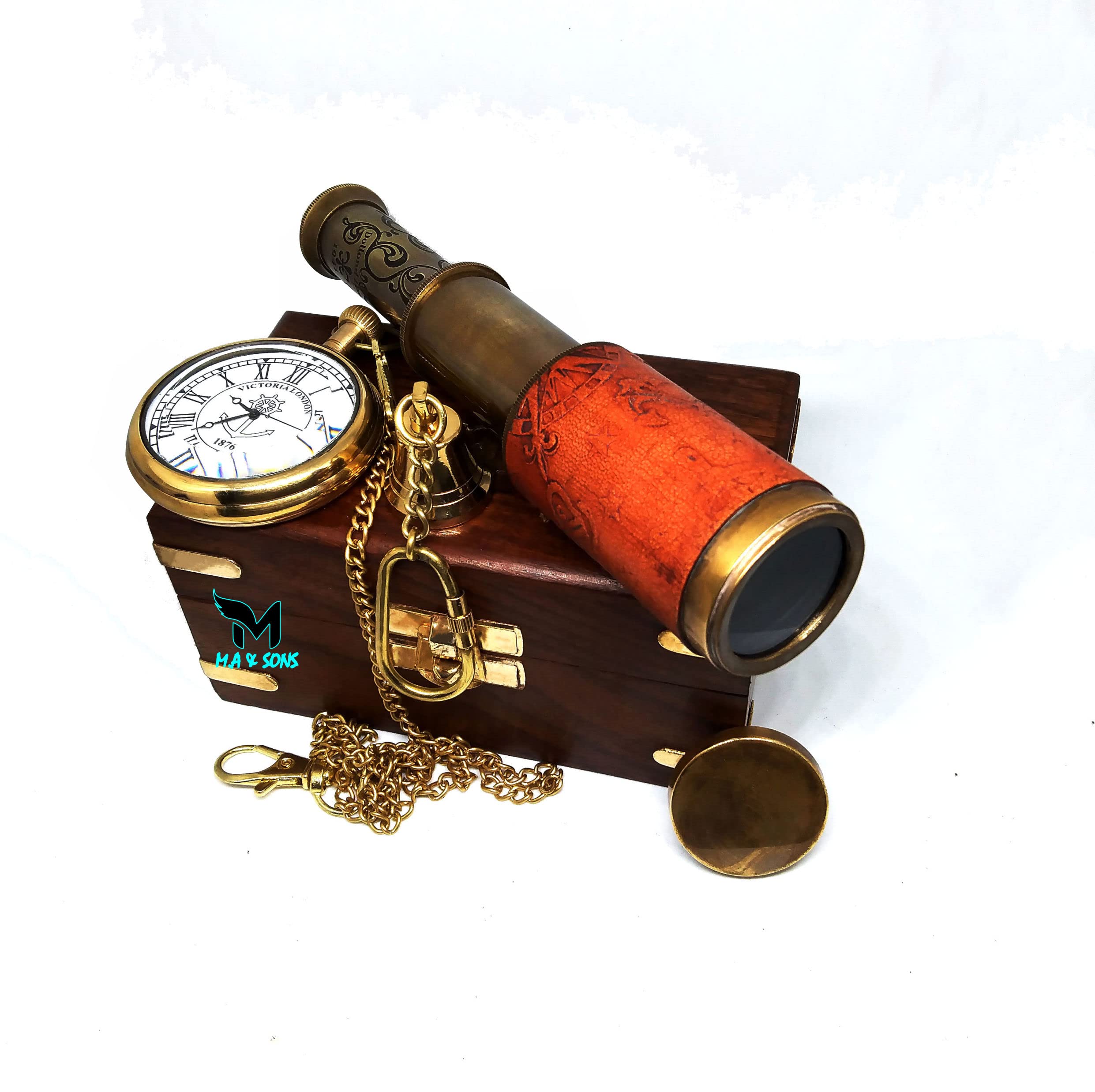 M.A & SONS Personalized Brass Gift Set | 6.5" Engraved Telescope, 2" Custom Pocket Watch with Chain, Bell Keychain | Sheesham Wood Box | Vintage Handcrafted Collectible