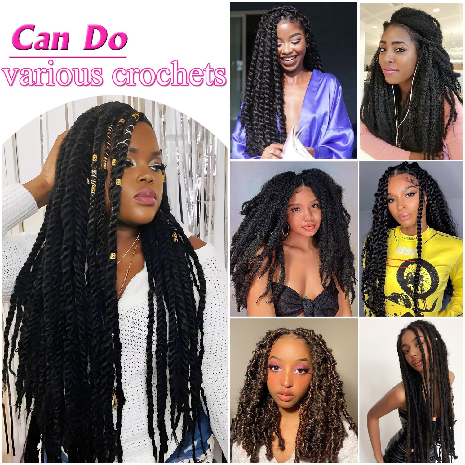 Enbeautiful Marley Twist Hair 24 Inch 8packs Marley Twists Braiding Hair Long Cuban Twist Hair Pre Fluffed Afro Kinky Curly Twists Crochet Hair Synthetic Marley Braids Extensions,1B#