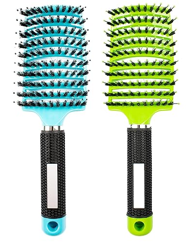 Miniatura 1 de LADYAMZ - Cepillo desenredante para cabello rizado, paquete de 2 cepillos de cerdas de jabalí, cepillo desenredante curvado y ventilado para un