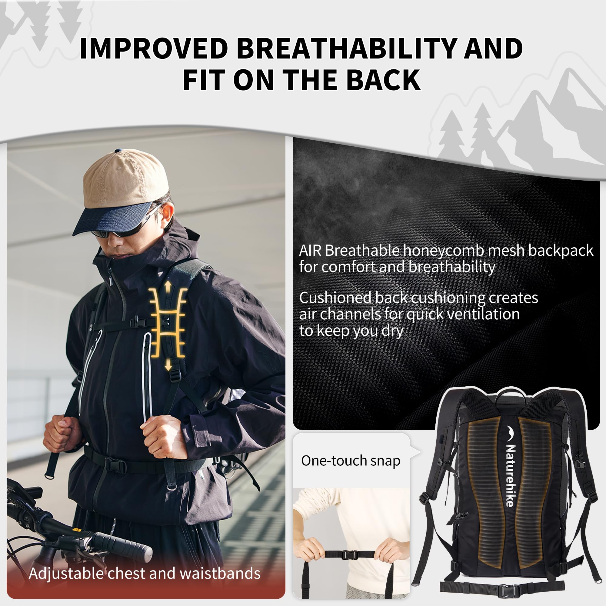 Naturehike Lekki plecak turystyczny 25/35 l, wielofunkcyjny, regulowany pasek na klatkę piersiową, wiele przegródek, trwały plecak podróżny dla mężczyzn i kobiet, Czarny