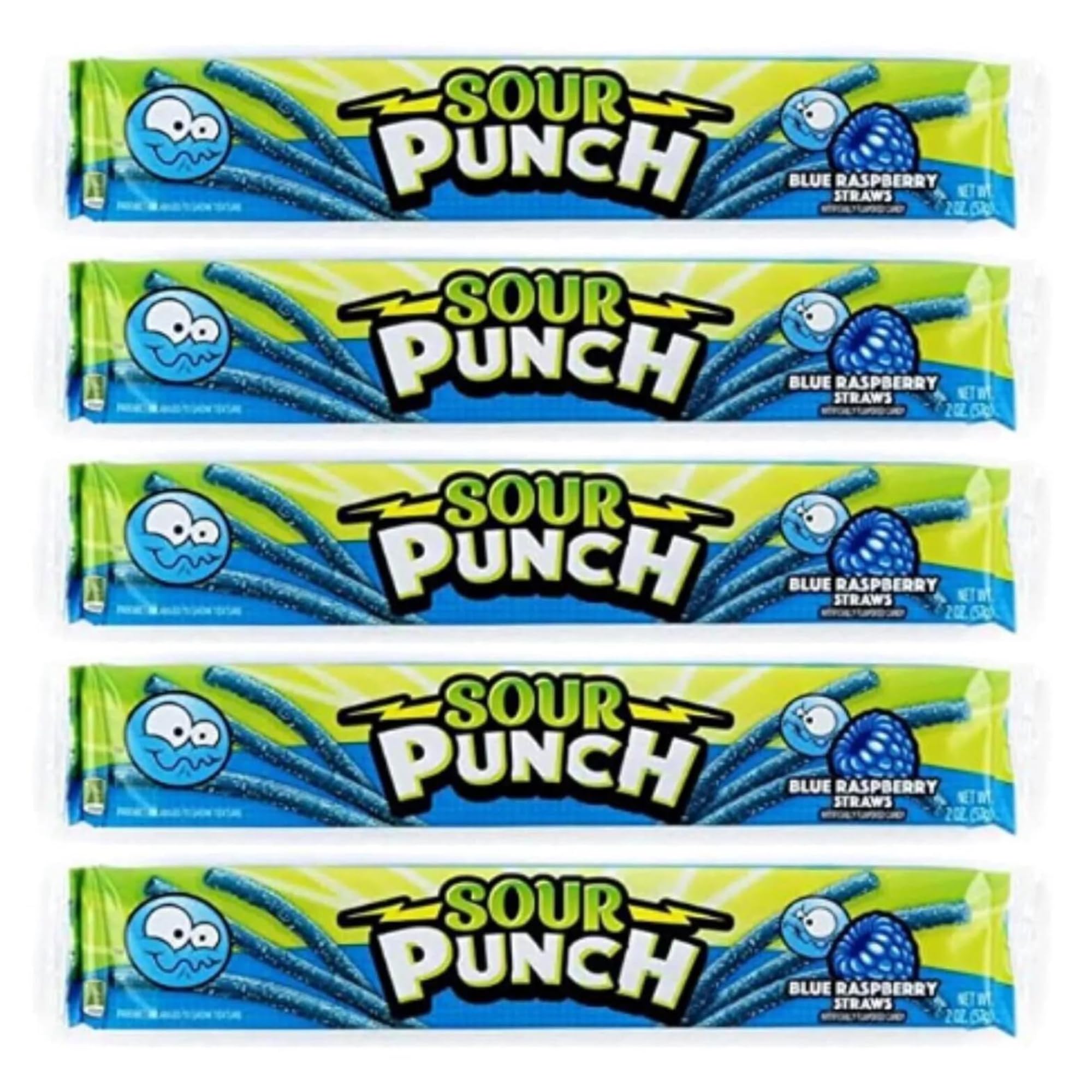 Sour Punch Straws Bundle 5 Items Gift Assortment 2 ounce pack each, 5 packs total (Blue-Raspberry)