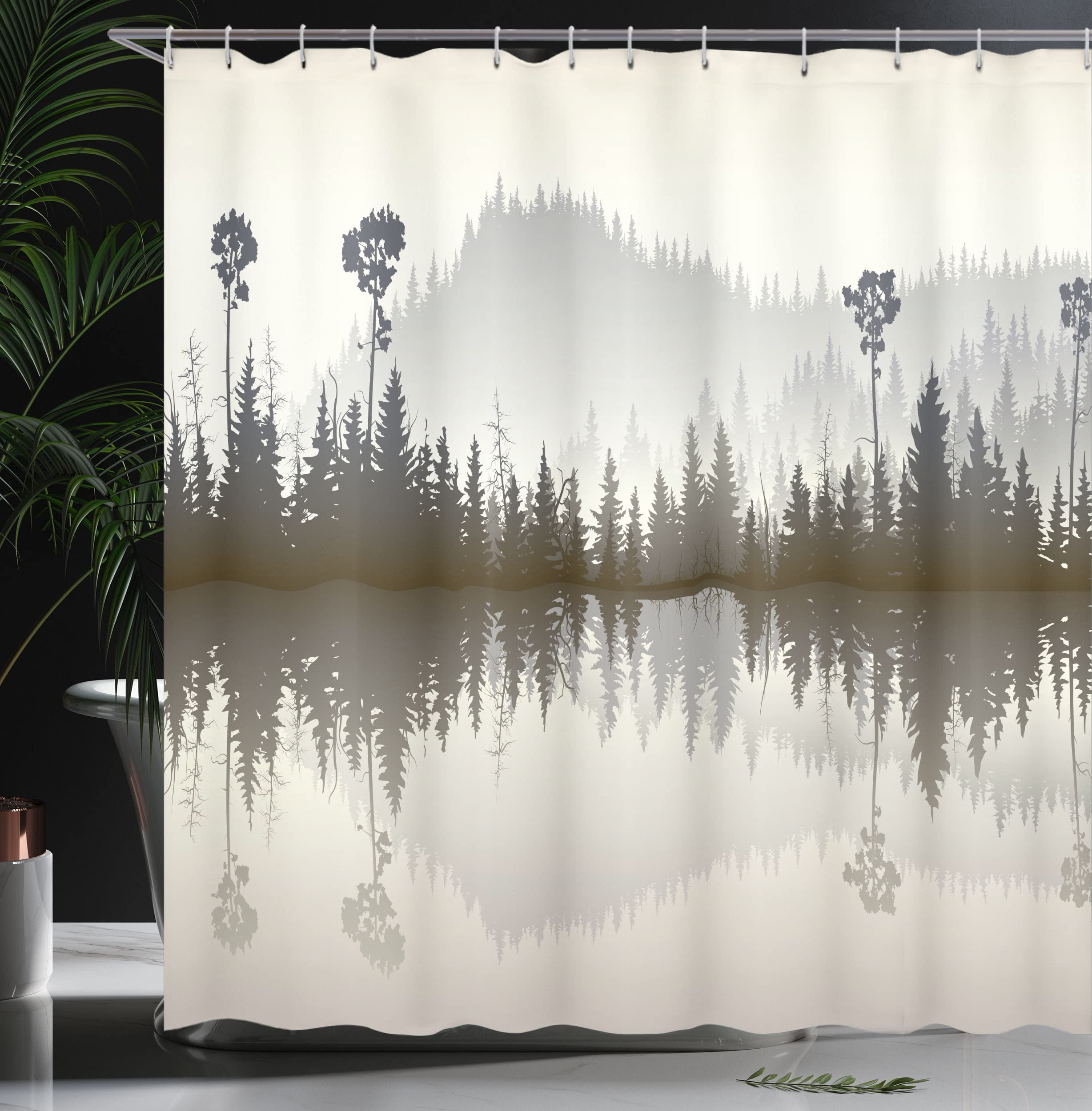 ABAKUHAUS Forest Shower Curtain, Misty Northern Nature Jungle with Hills and River at Dusk Water Reflection - Image 3