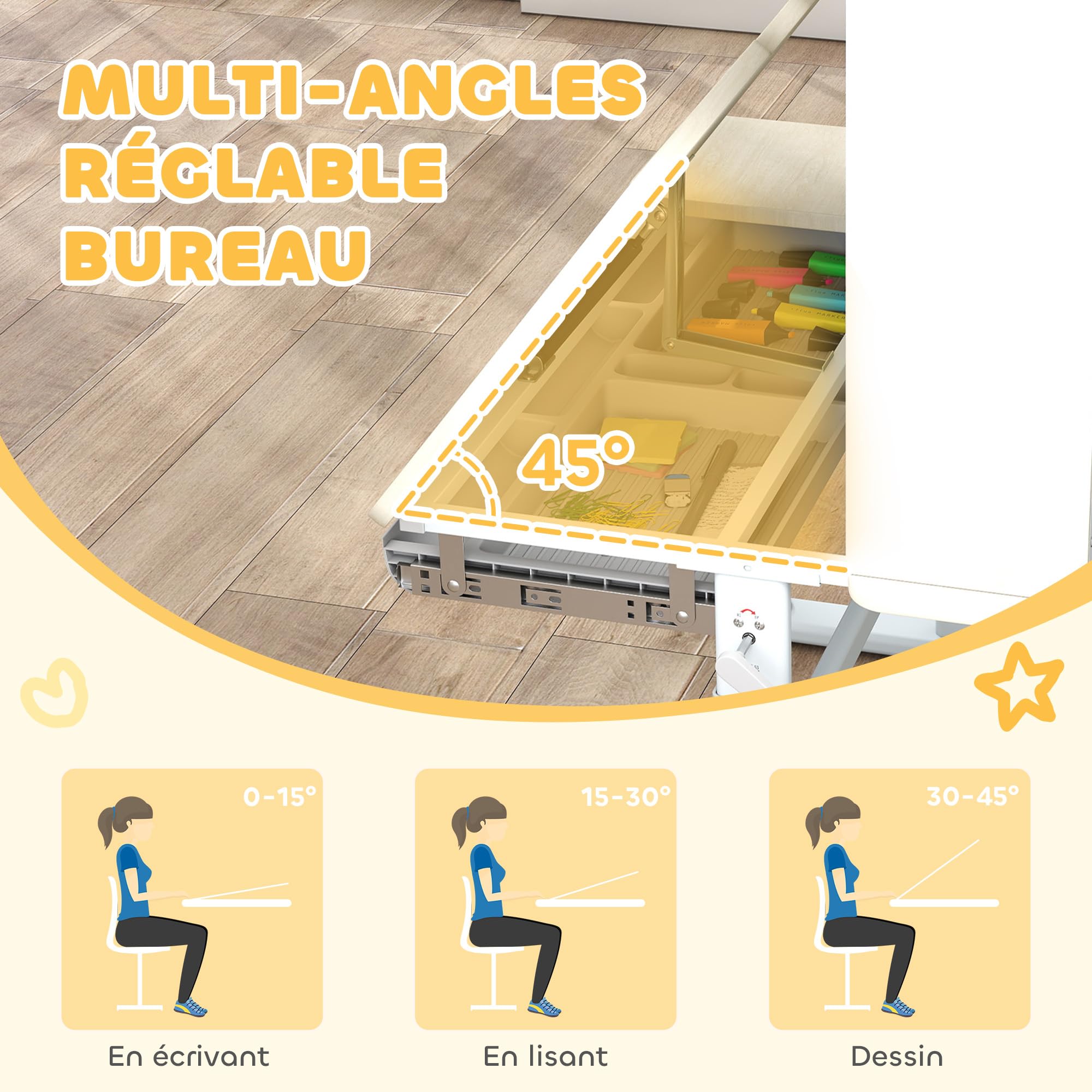 AIYAPLAY Bureau pour Enfants, Table d'étude réglable en Hauteur avec Plateau inclinable, Rangement, Panneau perforé, 3-12 Ans, Naturel
