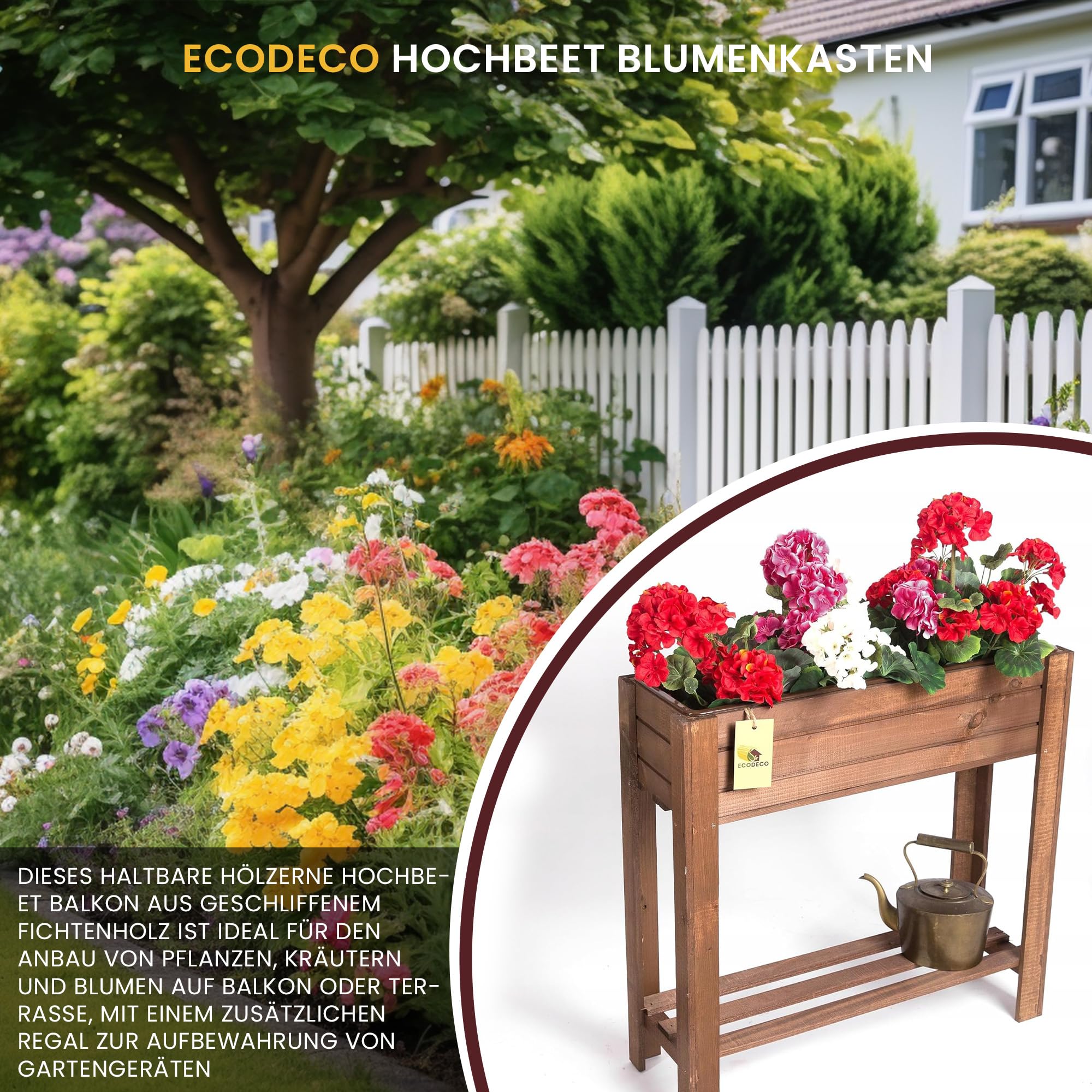 ECODECO Hochbeet aus Holz | Blumenkasten Balkon Terrasse | Hochbeete für Garten Pflanzkasten Frühbeet mit Regal Ablage 61 x 20 x 61 cm | Braun