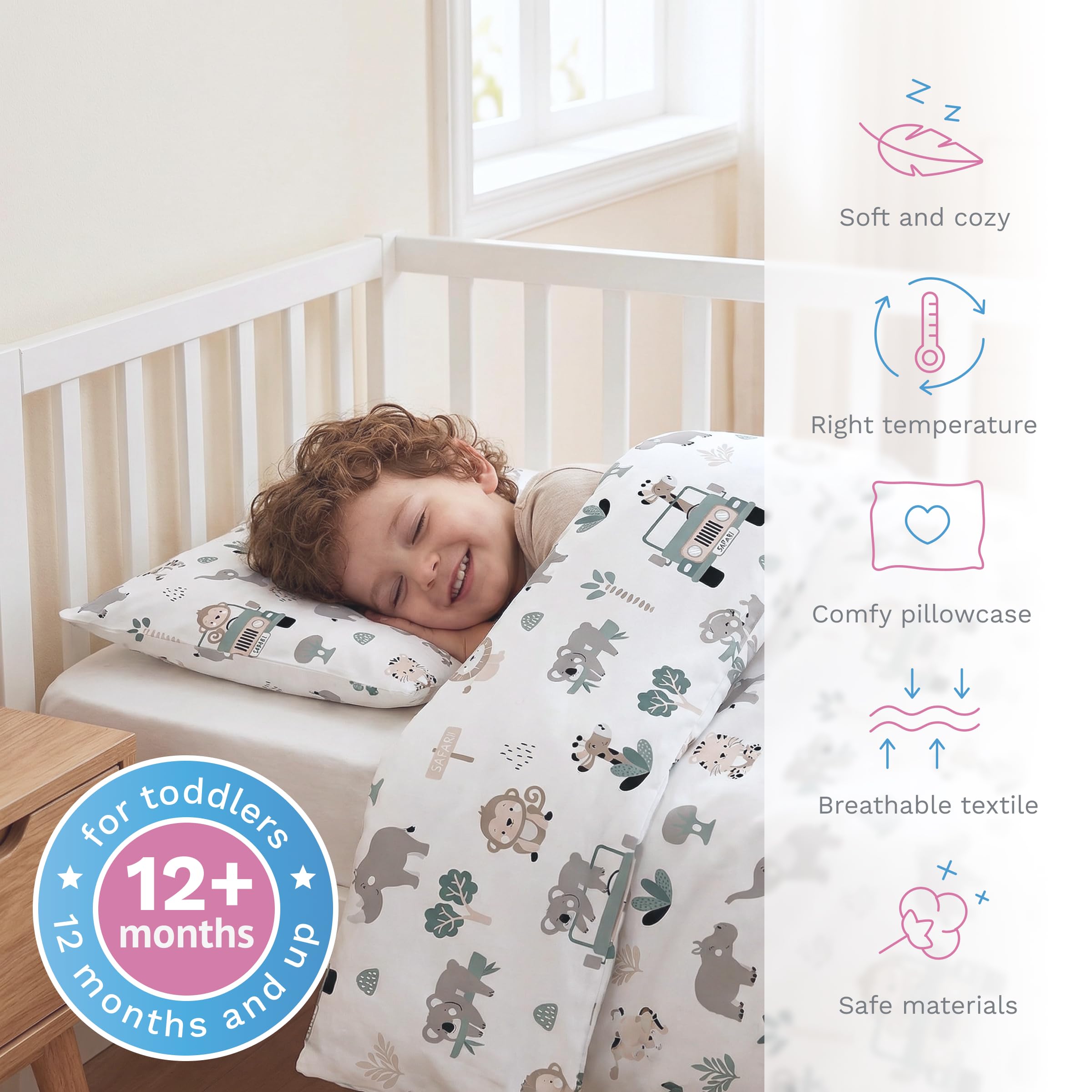 Baby Comfort 2 Piece Baby Kids Bedding Set 80x70 cm Duvet Cover & Pillowcase 12M+ (Safari Animals) - Image 2