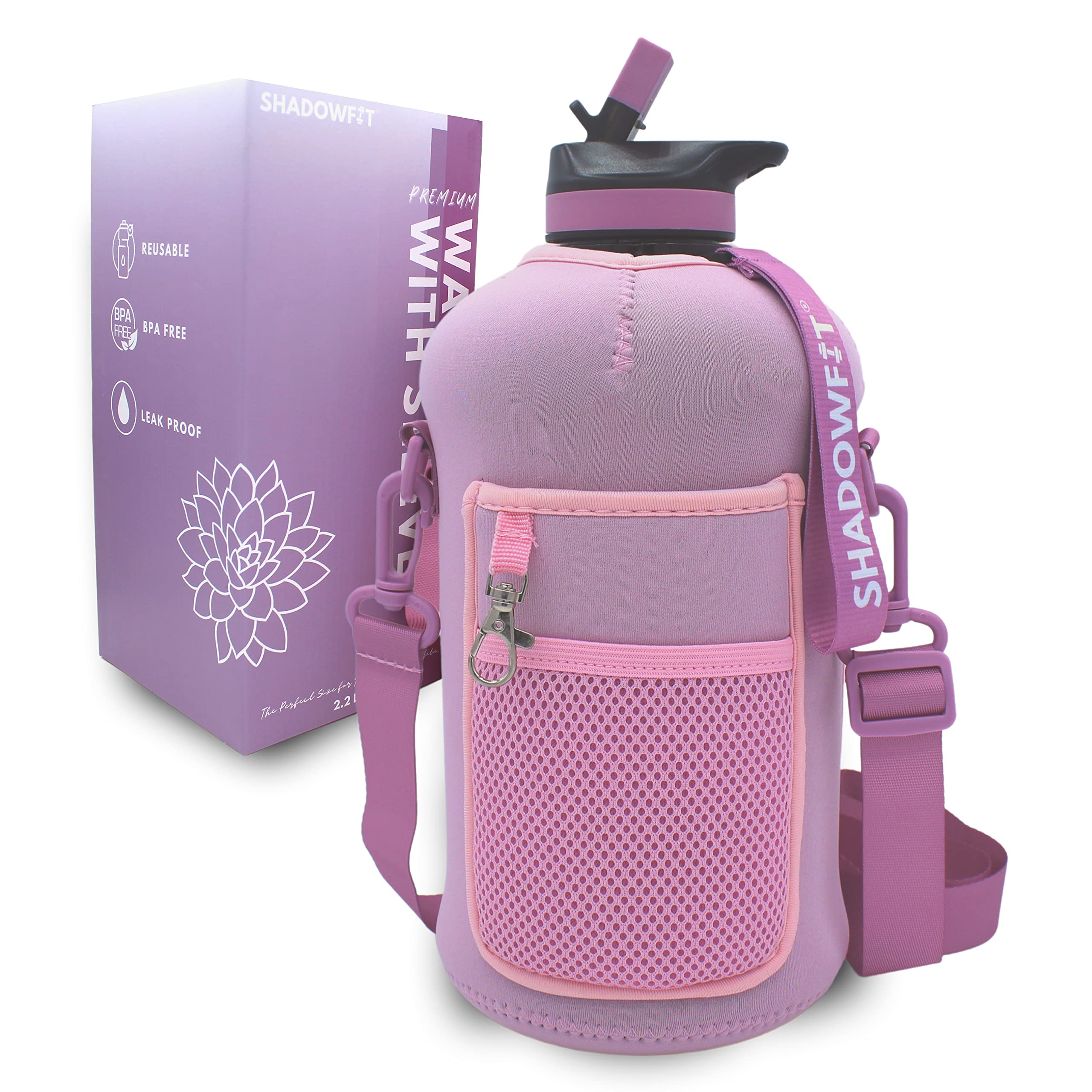 Half Gallon Water Bottles (74 ounce, 2.2 Liter) with Straw Lid Handle and Storage Sleeve…