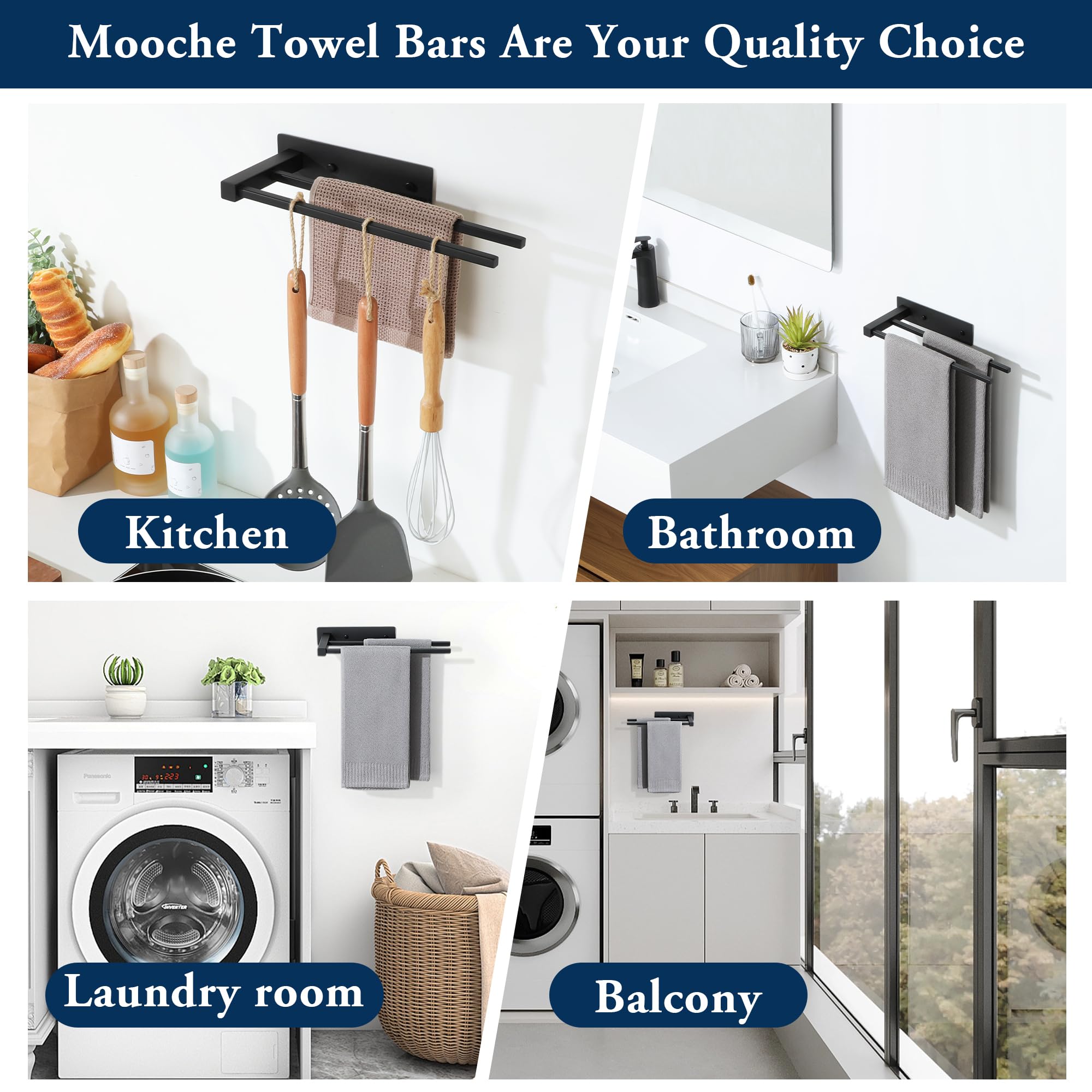 Mooche Porte Serviette sans Perçage Salle de Bain 30 CM, 2 Barre Porte Serviette Pratique, Support Serviette Mural en Acier Inoxydable pour Cuisine/Lavabo/Toilette, Perçage/Adhésif, Noir
