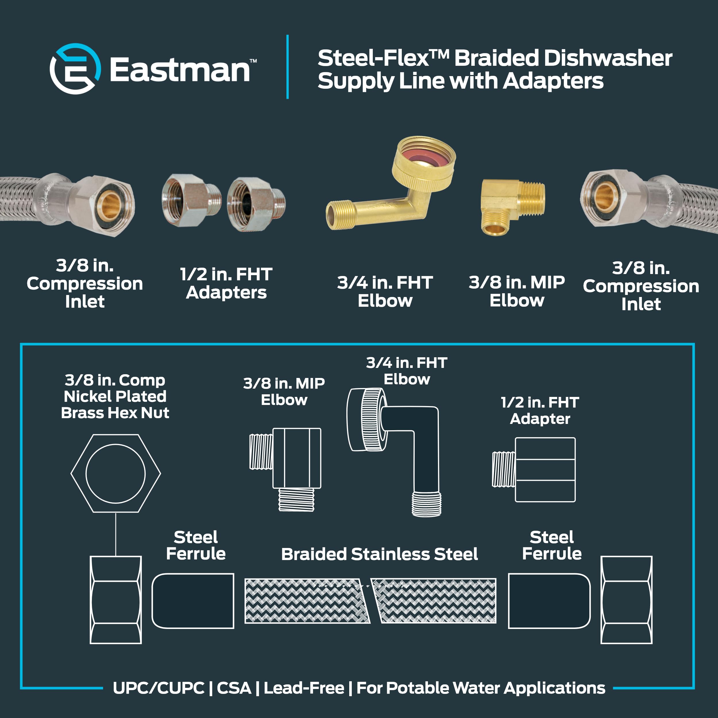 Eastman 69008 Línea de suministro de lavavajillas trenzada de acero inoxidable, 12 pies de longitud