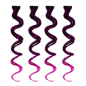 Rapidsflow Double Shade Colored Hair Streak/Hair Extensions For Women And Girls Real Hair For Highlighting Set Of 4pc (Curly Wine-Pink)