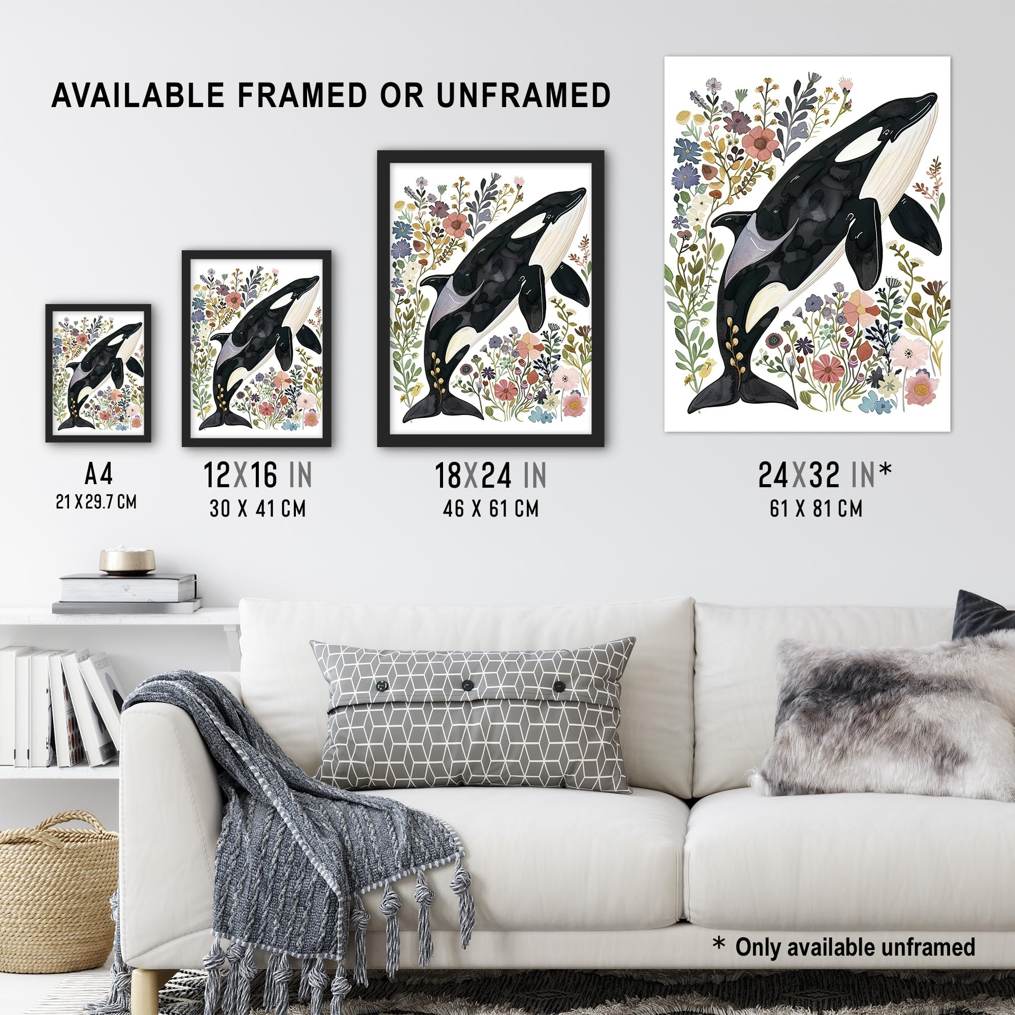 Artery8 Orca Killer Whale with Wildflowers Bright Floral Living Room Extra Large XL Wall Art Poster Print - Image 3