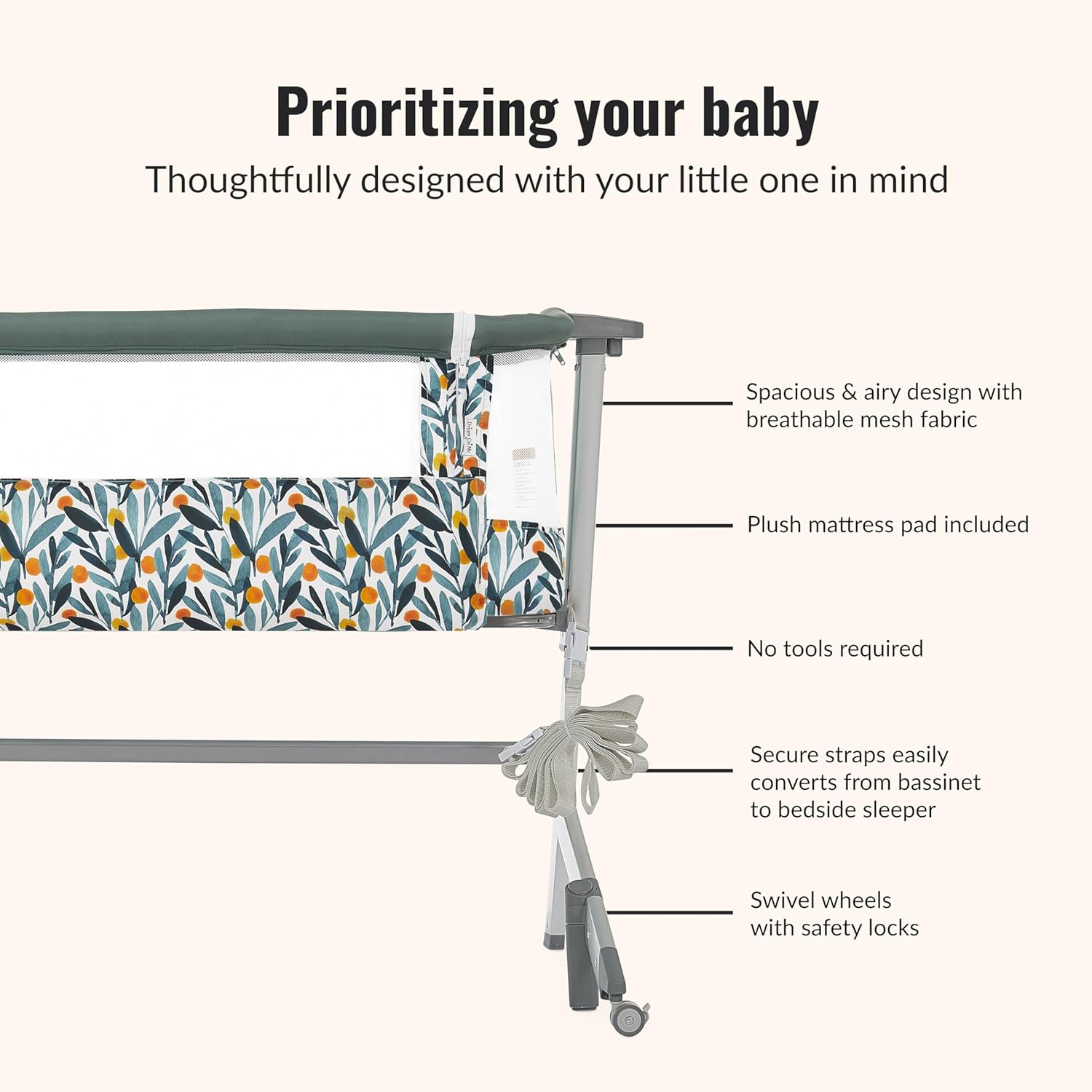 Dream On Me Skylar Bassinet and Bedside Sleeper, Adjustable Heights, Breathable Mesh Sides, Plush Mattress Pad, Wheels with Safety Locks & Tool-Free Assembly, Compact Fold & Travel Bag - Mellow Yellow
