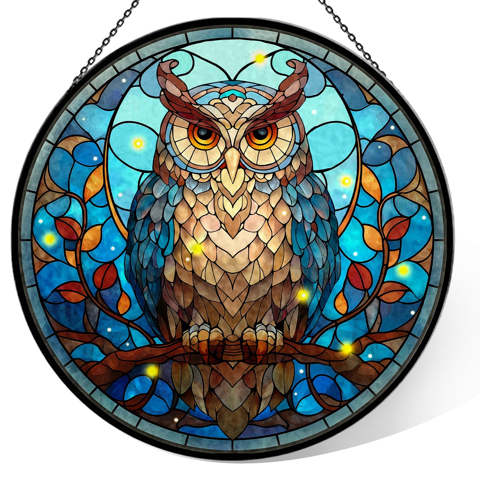 Stained Glass Window Hanging, 7.9" Owl Sun Catchers Diamond Glass Panel Hangings, Blue Stained Glass Ornament, Unique Gift for Owl Lovers, Bird Lovers