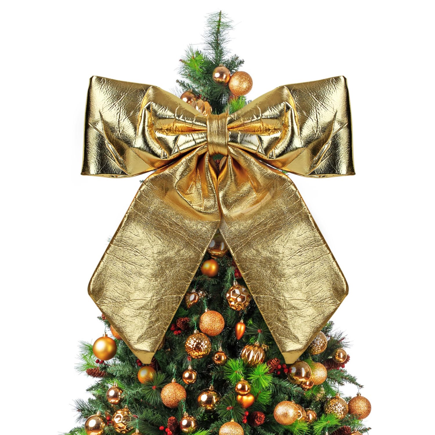 Taylor & Brown Extra Large Gold Christmas Bow 60x70cm – Shiny Metallic Fabric Decorative Bow for Xmas Tree Topper, Front Door & Wreath – Luxury Festive Gold Bow Decoration