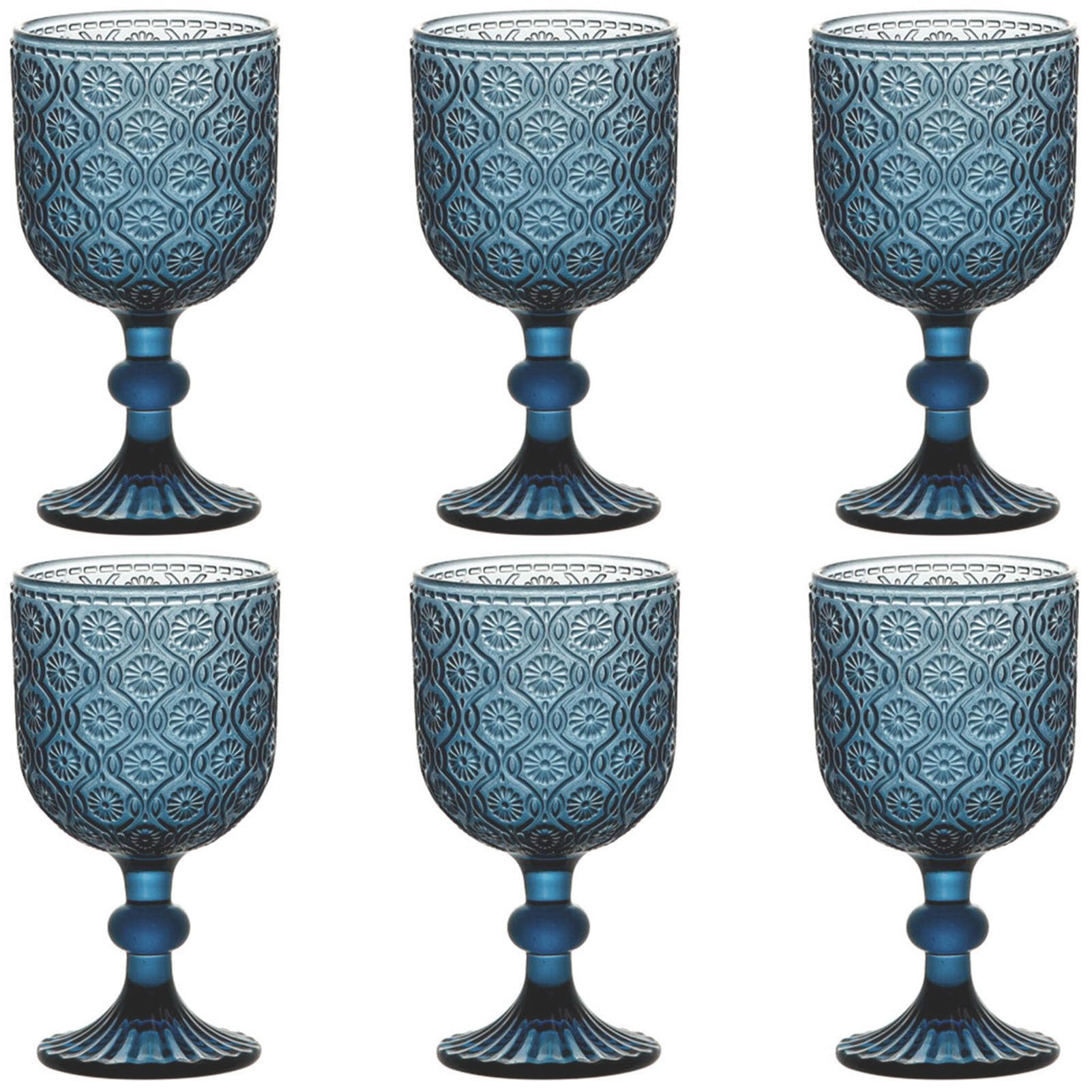 Blue Water Goblets Glassware Vintage Wine Glasses set of 6 Drinking Stemware 12 Ounces for Wedding Party Bar Floral Pattern 350 ml
