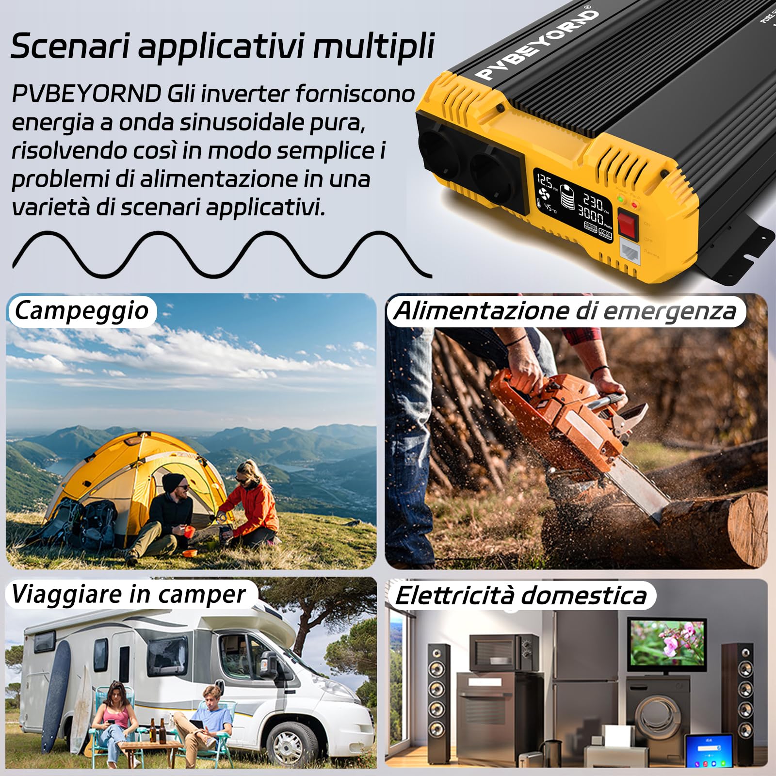 Inverter 12V 220V/230V onda pura 3000W/6000W Inverter 12V 220V | Con funzione di controllo remoto Ideale per l'alimentazione elettrica fuori rete, camper e campeggio. onda sinusoidale pura