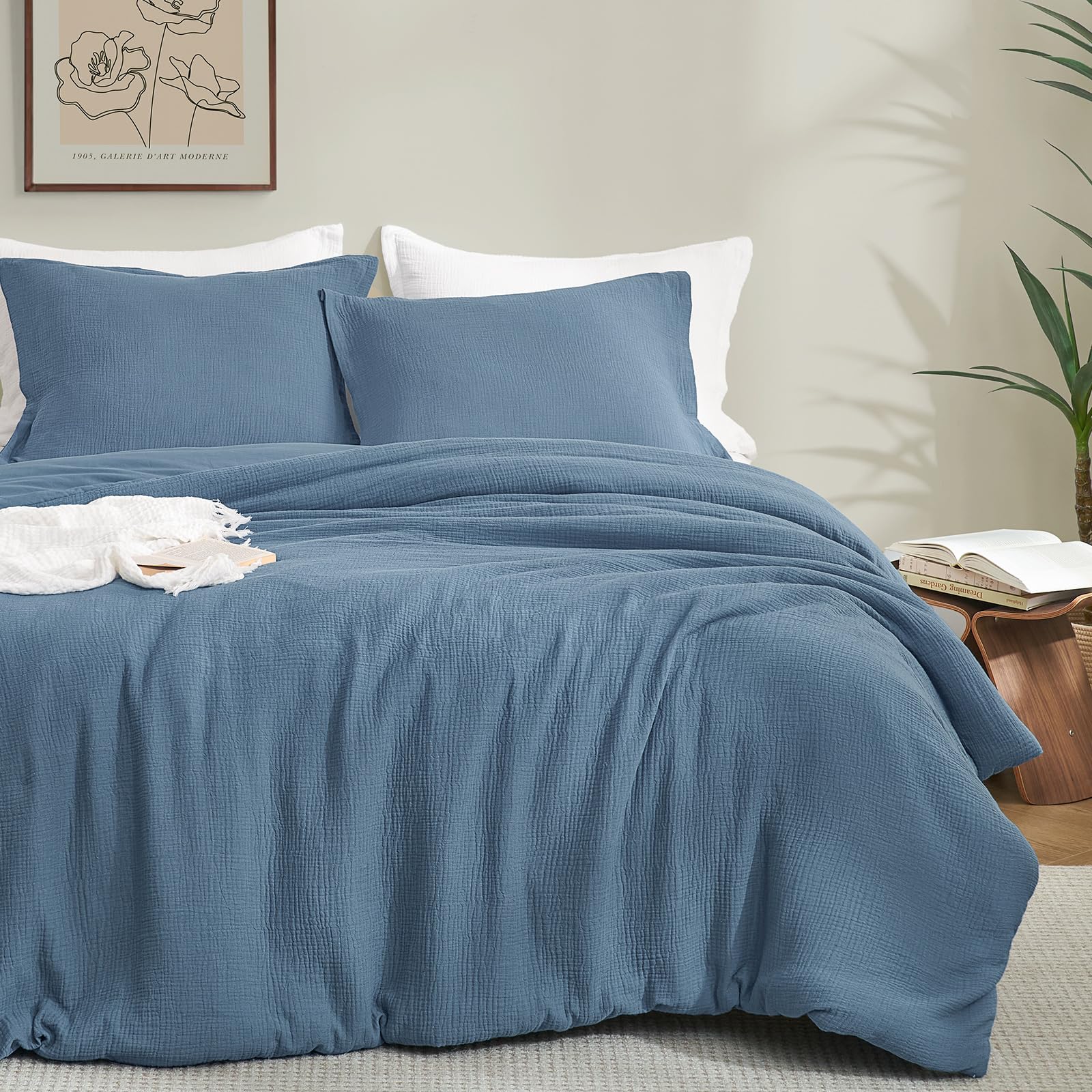 PHF 100% Cotton Muslin Comforter Set King Size – Ultra Soft, Breathable & Lightweight Bedding Set for All Seasons, 3 Pieces (1 Comfy Comforter 104"x90", 2 Pillow Shams 20"x36"), Captain's Blue