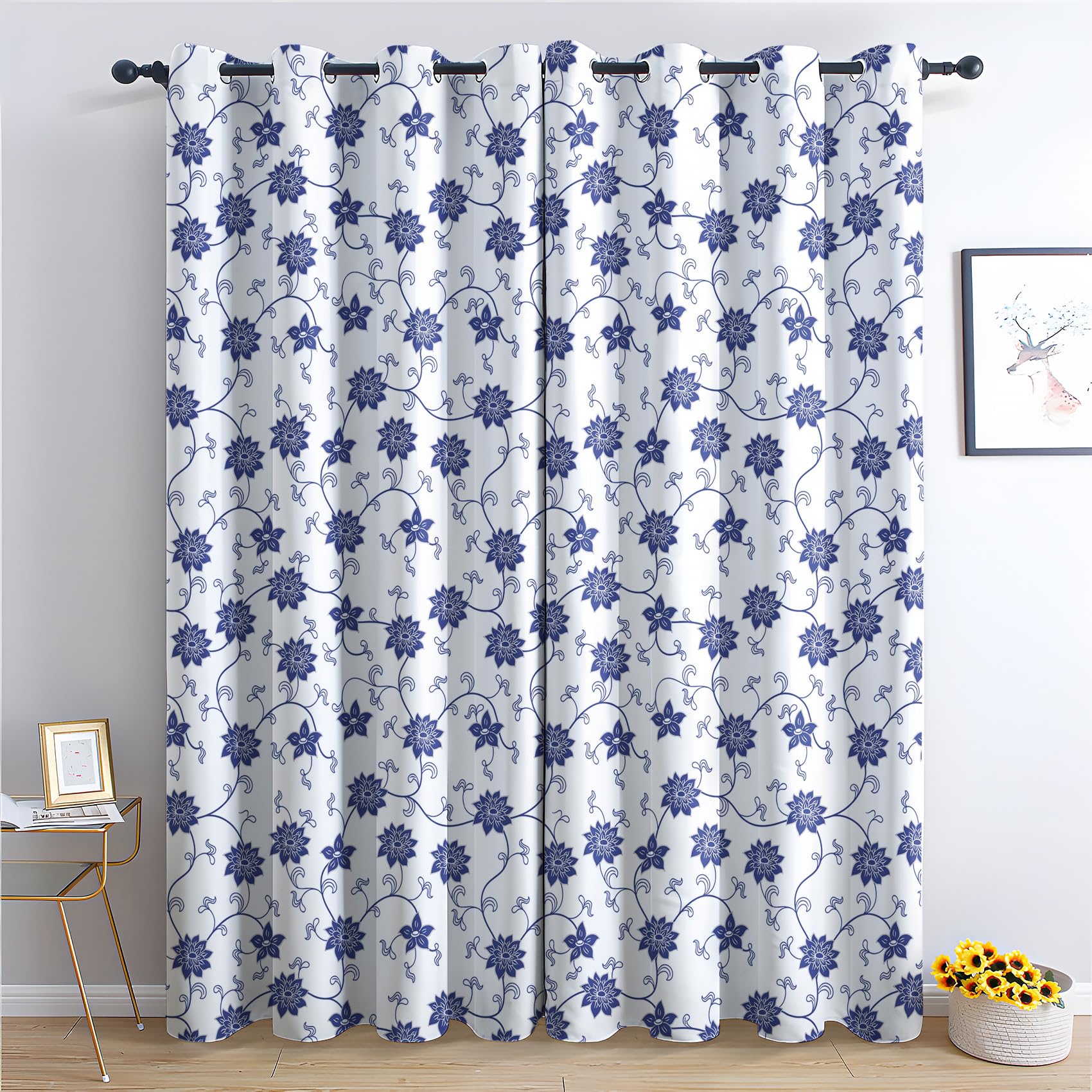 Blue and White Curtains for Bedroom Living Room - Chinoiserie Blackout Curtains 46 x 54 Inch (Width x Drop), Thermal Insulated Eyelet Curtains & Drapes, Decorative Patterned Window Treatments F-#92