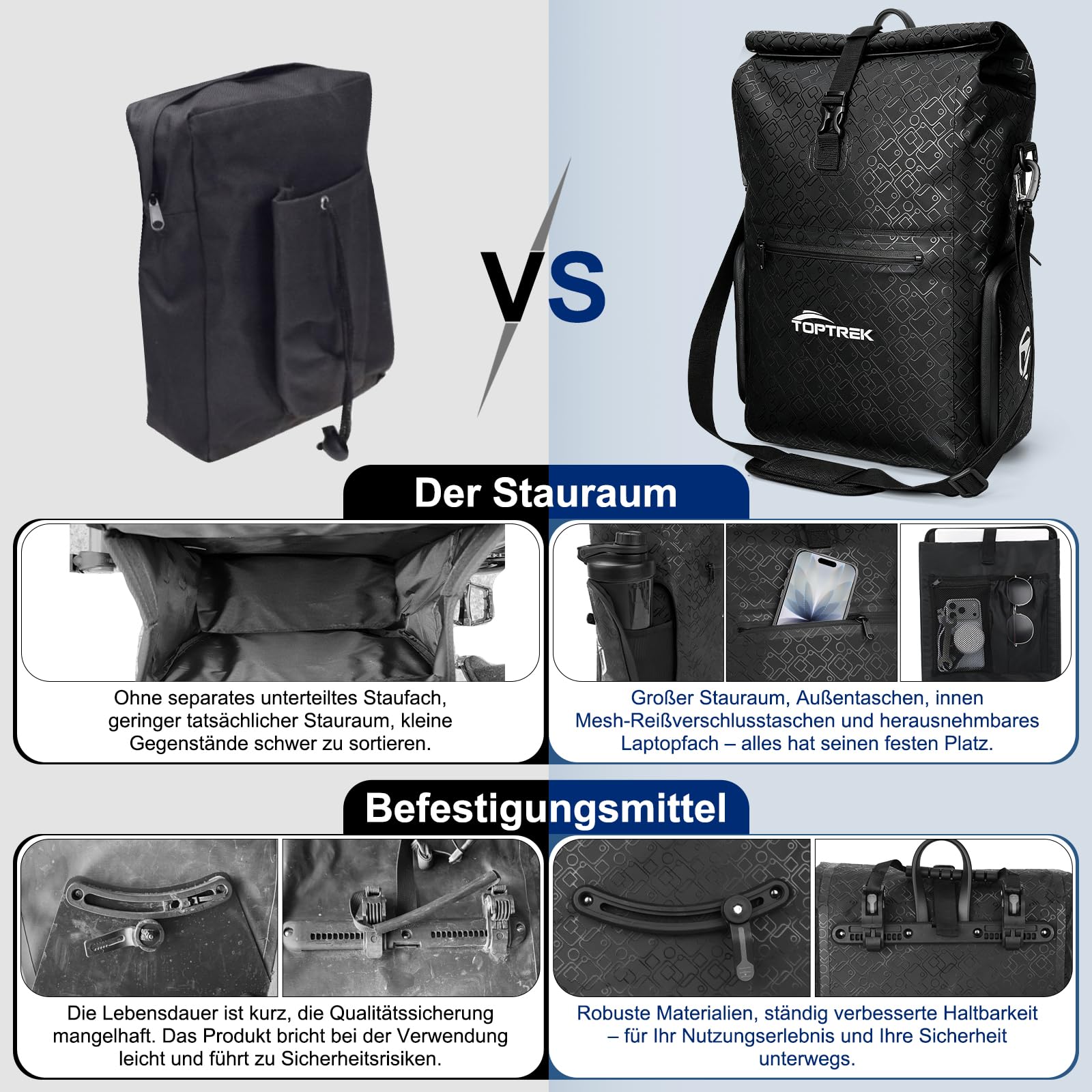 toptrek Borsa da bicicletta per portapacchi con scomparto esterno, 25 l, impermeabile | Borsa per portapacchi con tasche interne rimovibili, richiudibile, con maniglia e tracolla
