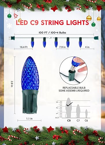 Miniatura 2 de Luces LED de Navidad de 100 pies, tira de luces azules C9 de Navidad al aire libre, 100+4 bombillas de fresa conectables con certificación UL para
