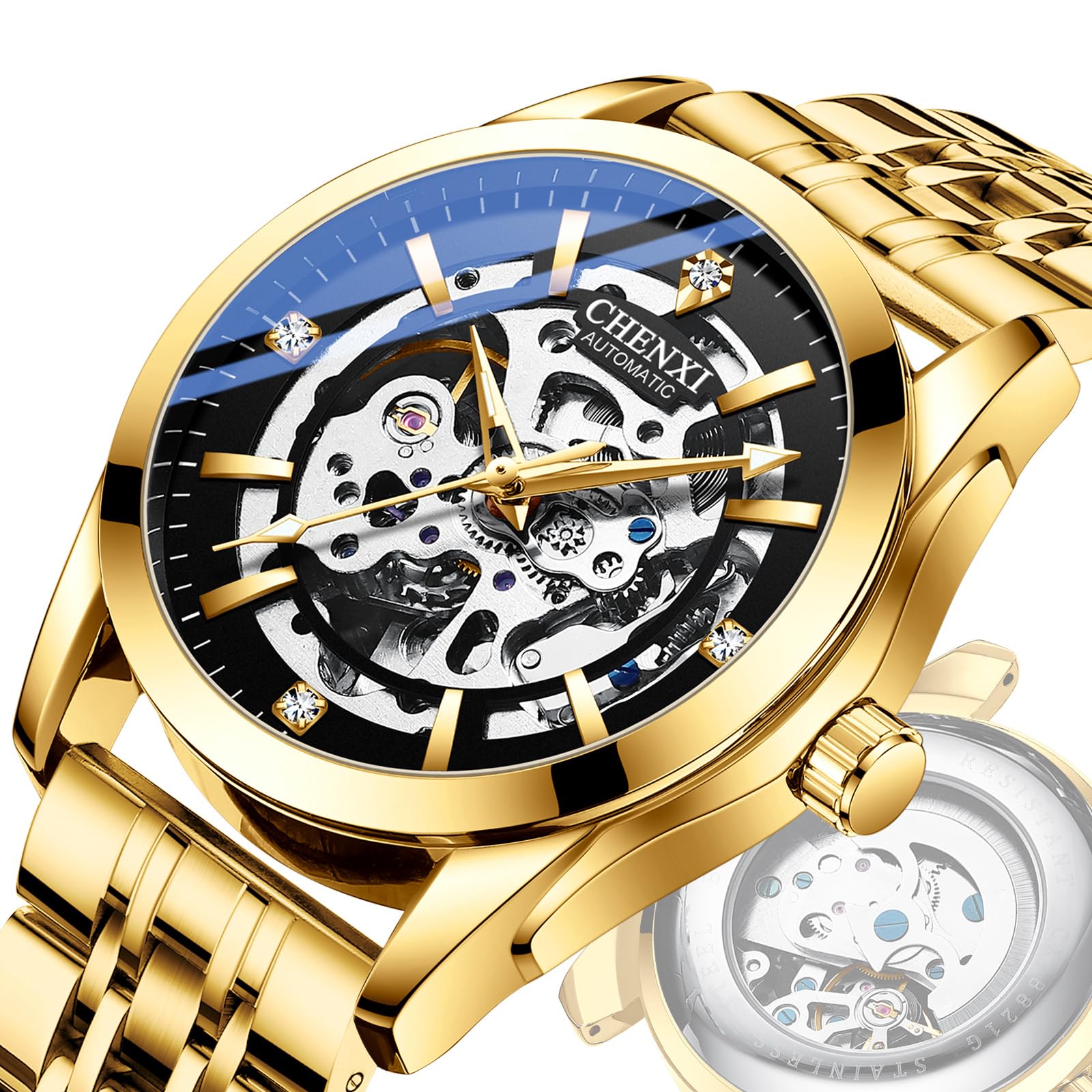JewelryWe Automatyczne zegarki dla mężczyzn: samonakręcające się mechaniczne markery diamentowe 36-godzinna rezerwa mocy świecące wskazówki 3 ATM wodoodporny odpinany zegarek na rękę ze stali