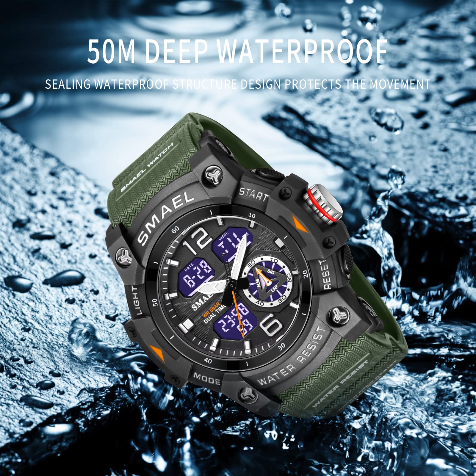 SMAEL 8007 - Reloj deportivo digital para hombre, reloj de pulsera con movimiento dual de cuarzo (verde militar), Verde militar.