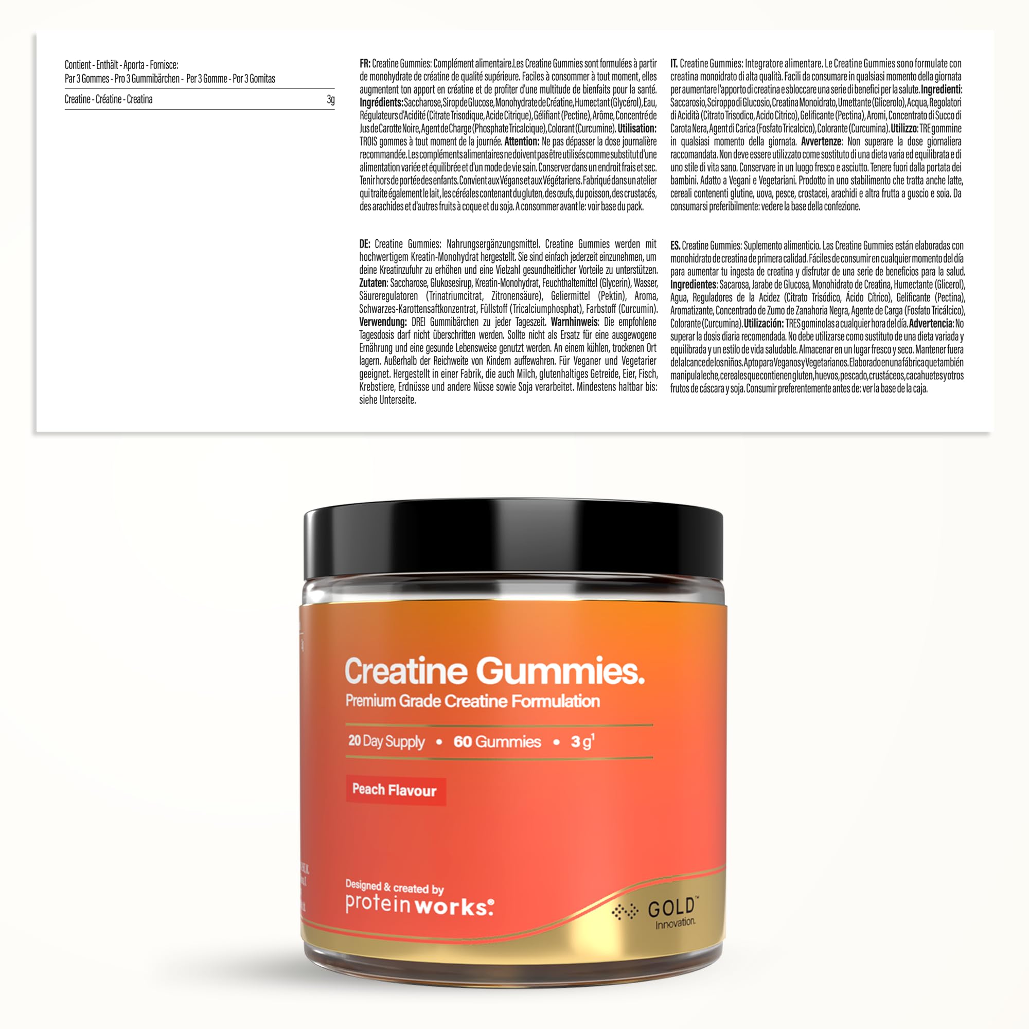Protein Works | Creatine Gummies - GOLD, Saveur Pêche, 60 Gummies | Gummies Créatine Monohydrate, Testée en Laboratoire, Dosage Vérifié, Végétalien, Sans Colorants ni Arômes Artificiels
