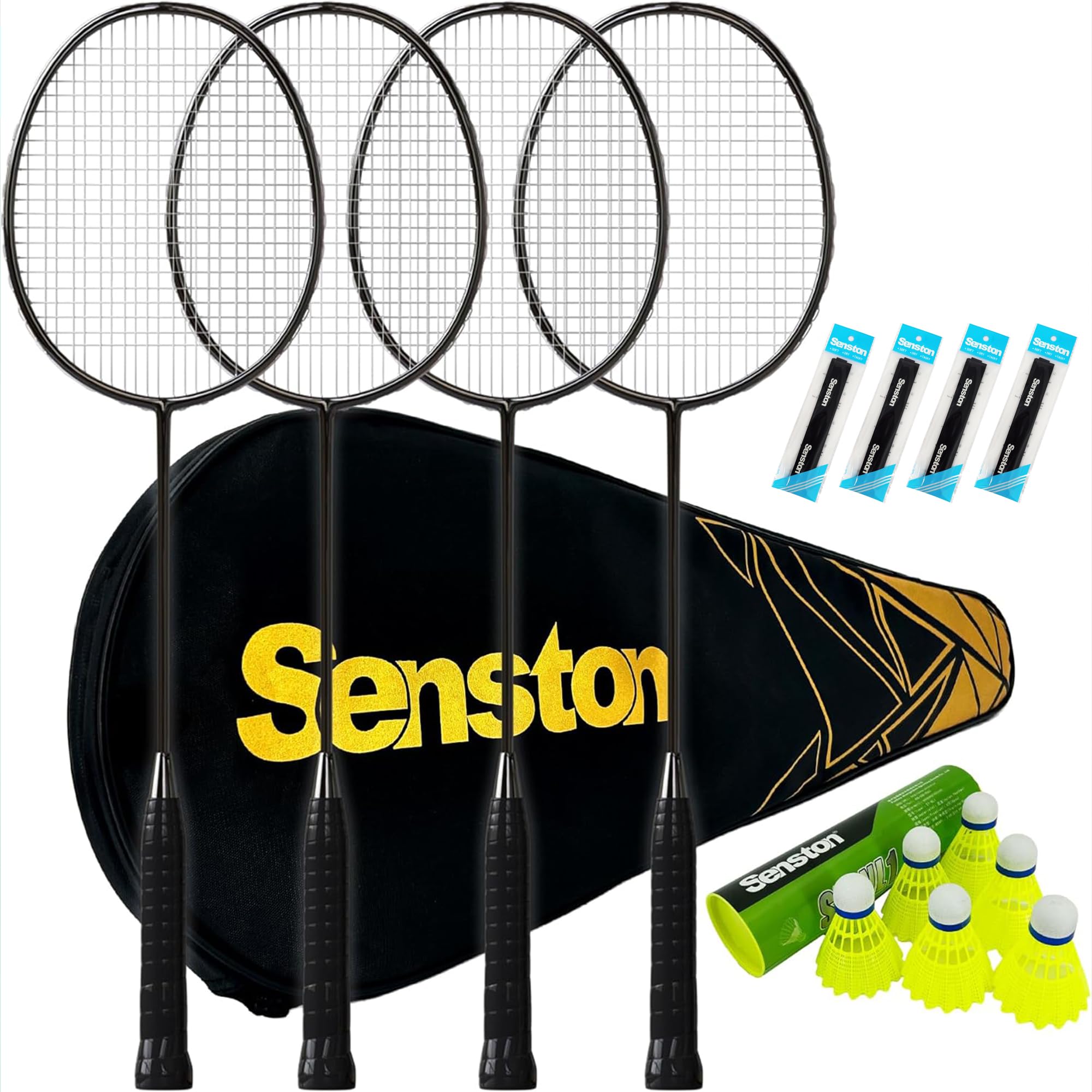 Senston Professional Badminton Rackets Set of 4 - Carbon Fiber, 6 Shuttlecocks, 4 Grips & Bag for Backyard Games | 90g Lightweight