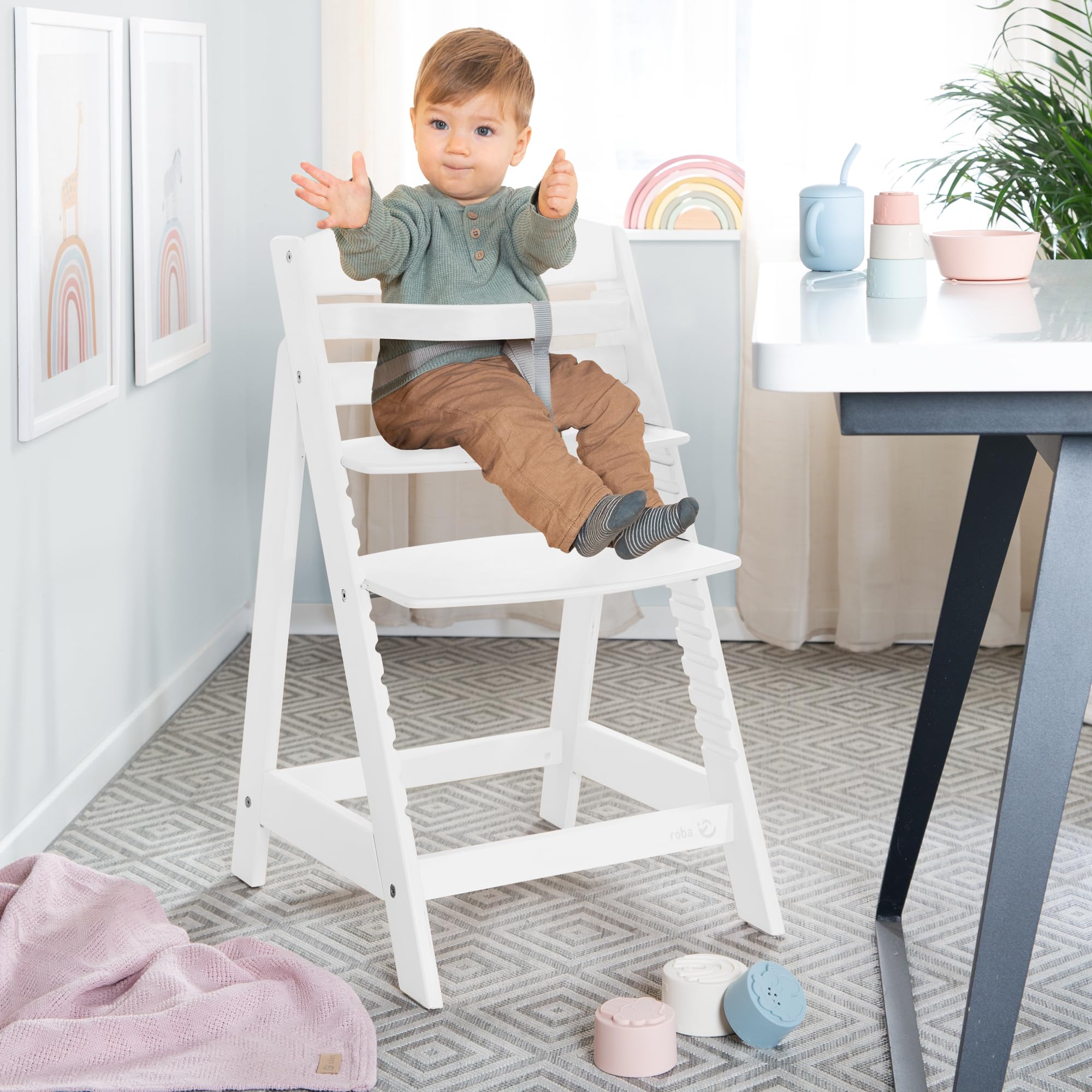 roba Trona Evolutiva de Madera Blanca Sit Up III - Altura Ajustable - de 6 Meses - Soporta 70 kg - Silla Resistente para Bebés con Barra de Seguridad