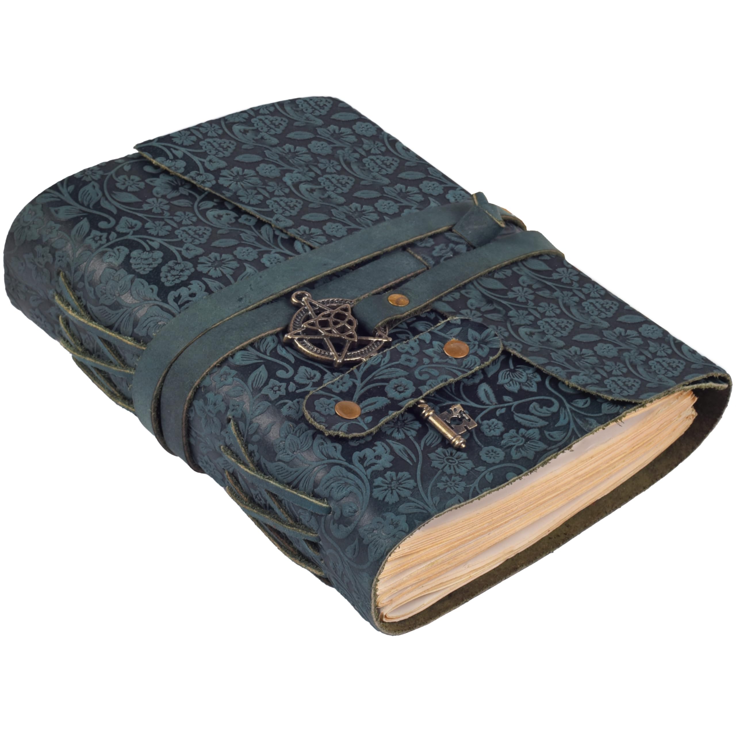 LEATHER VILLAGE Handmade Leather Bound Floral Embossed Journal for Women | 260 Pages Blank of Vintage Paper Writing, Sketchbook, Notebook - Turquoise - 12X8 Inches