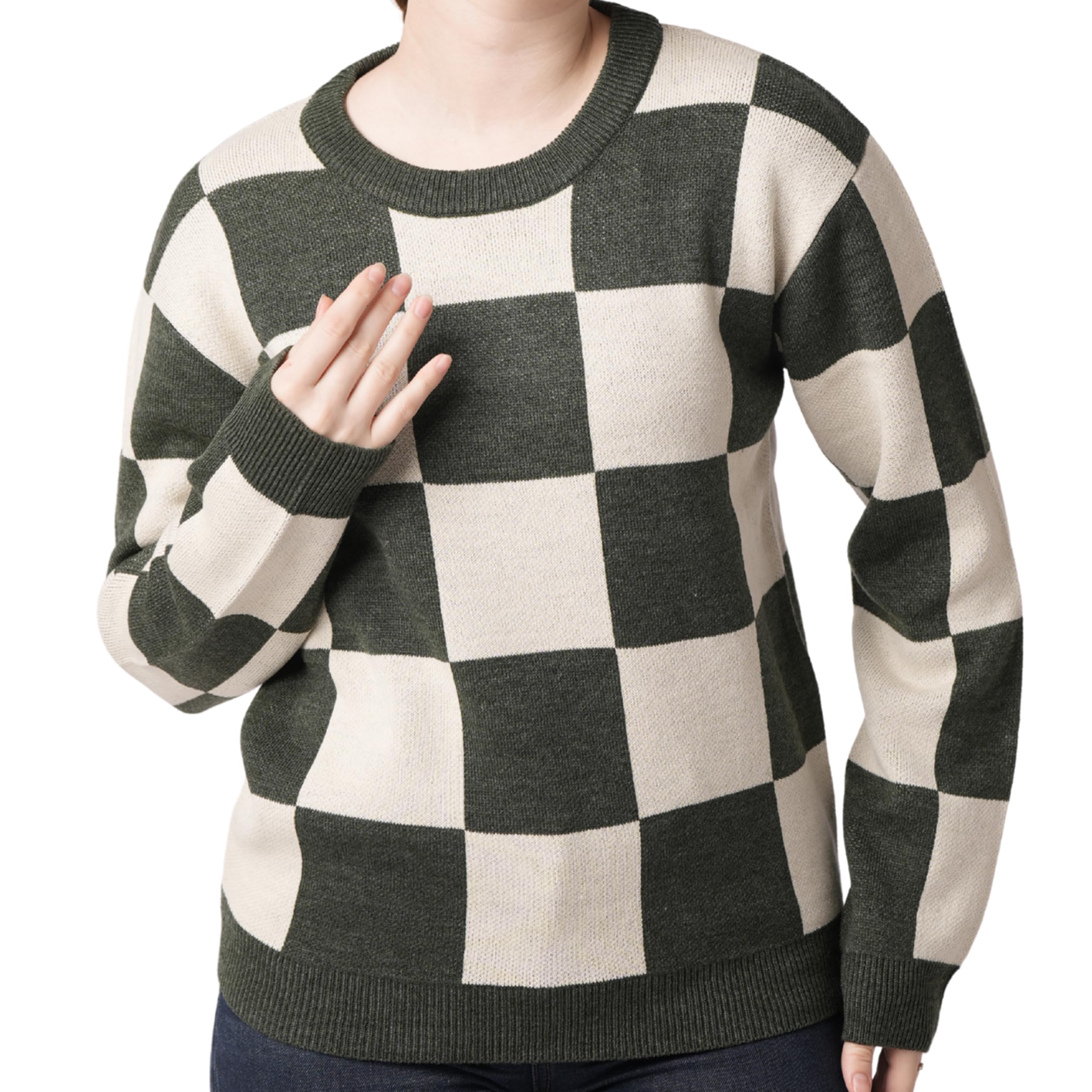 Crew Neck Sweater for Women Lightweight Knitted Checkered Sweater Women Pullover Long Sleeve Top for Winter