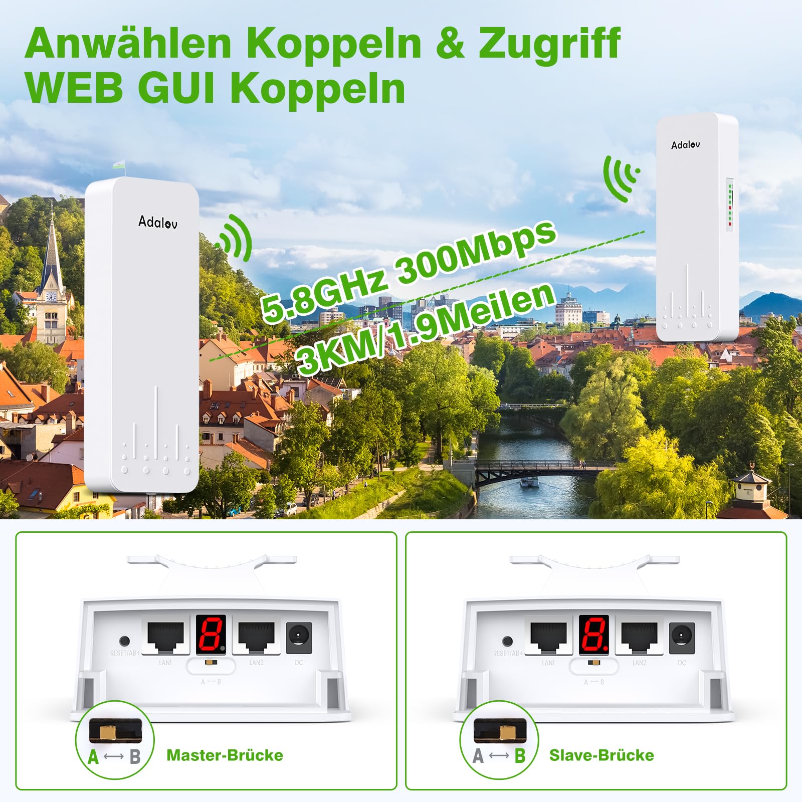 AdaLov WLAN-Bridge CPE660 5,8 GHz, Outdoor WiFi-Bridge mit Halterung, Punkt-zu-Punkt-Netzwerk bis 3 km für Kamera/Nebengebäude/Gartenhaus/Garage/Scheune, Plug & Play, IP65 Wetterfest, 12V DC/24V PoE