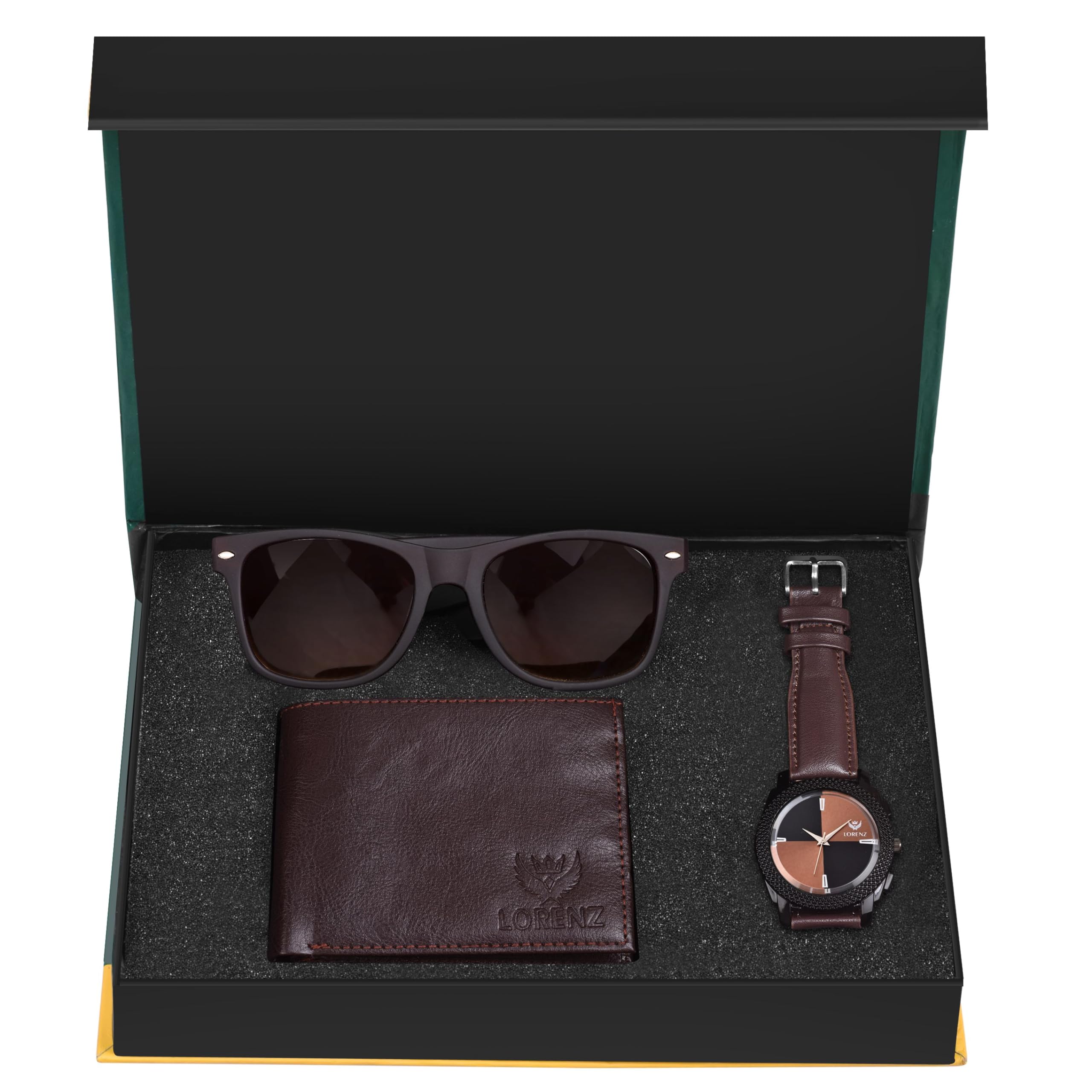 LORENZ Leather Gift Set Combo Of Dark Brown Analog Watch, Brown Sunglasses & Hi-Quality Pu Wallet & Magnetic Gift Box For Men | Cm-407Sn13-Wl-62, Dial_Assorted, Band_Pink (B0B2DV2X6N) Amazon Price History, Amazon Price Tracker