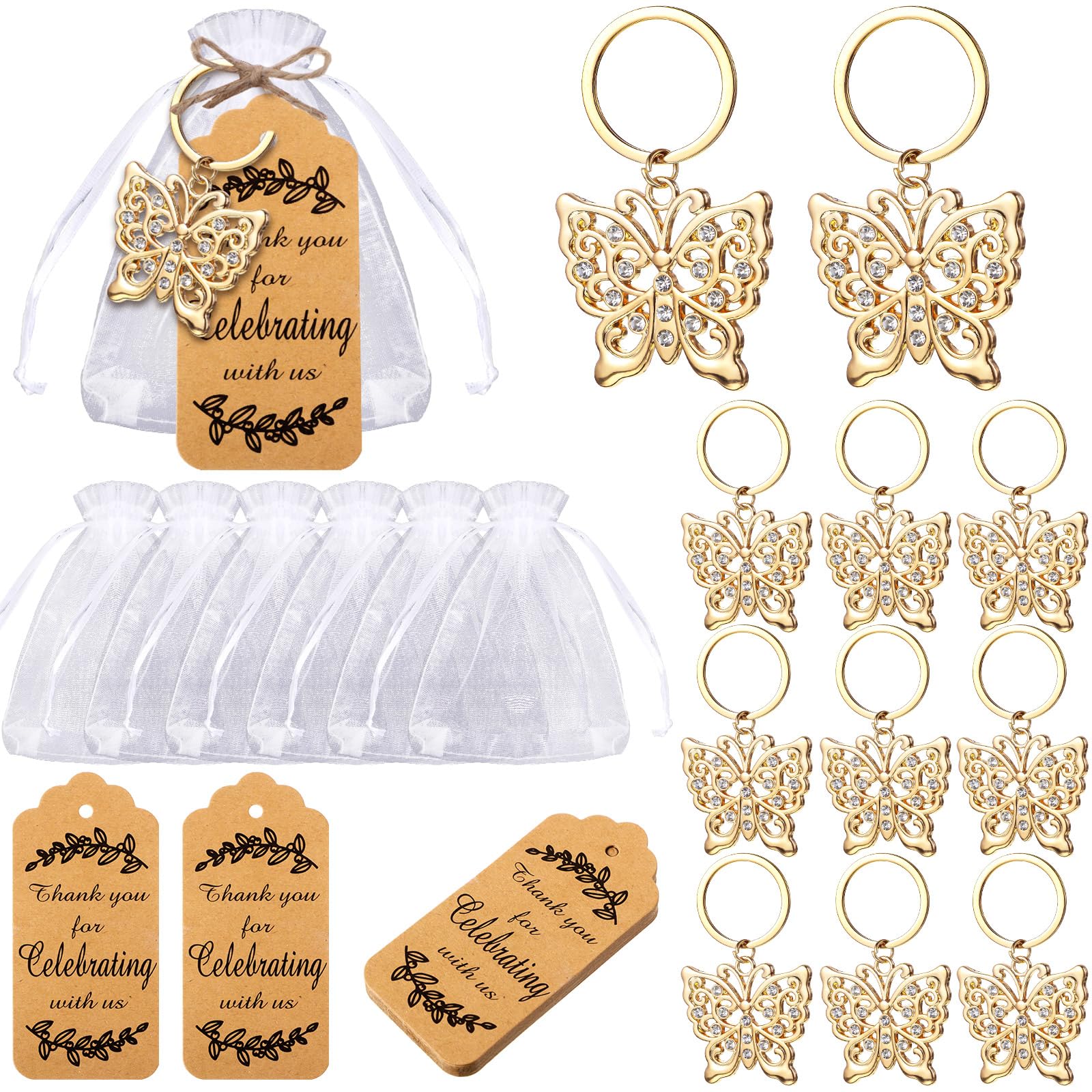 Ecation Butterfly Keychain Party Favors Butterfly Keyring for Guest Baptism Party Favor Metal Crystal Animal Keychain Souvenirs Thank You Tags for Baby Shower Wedding Birthday Gift(Gold,40 Set)