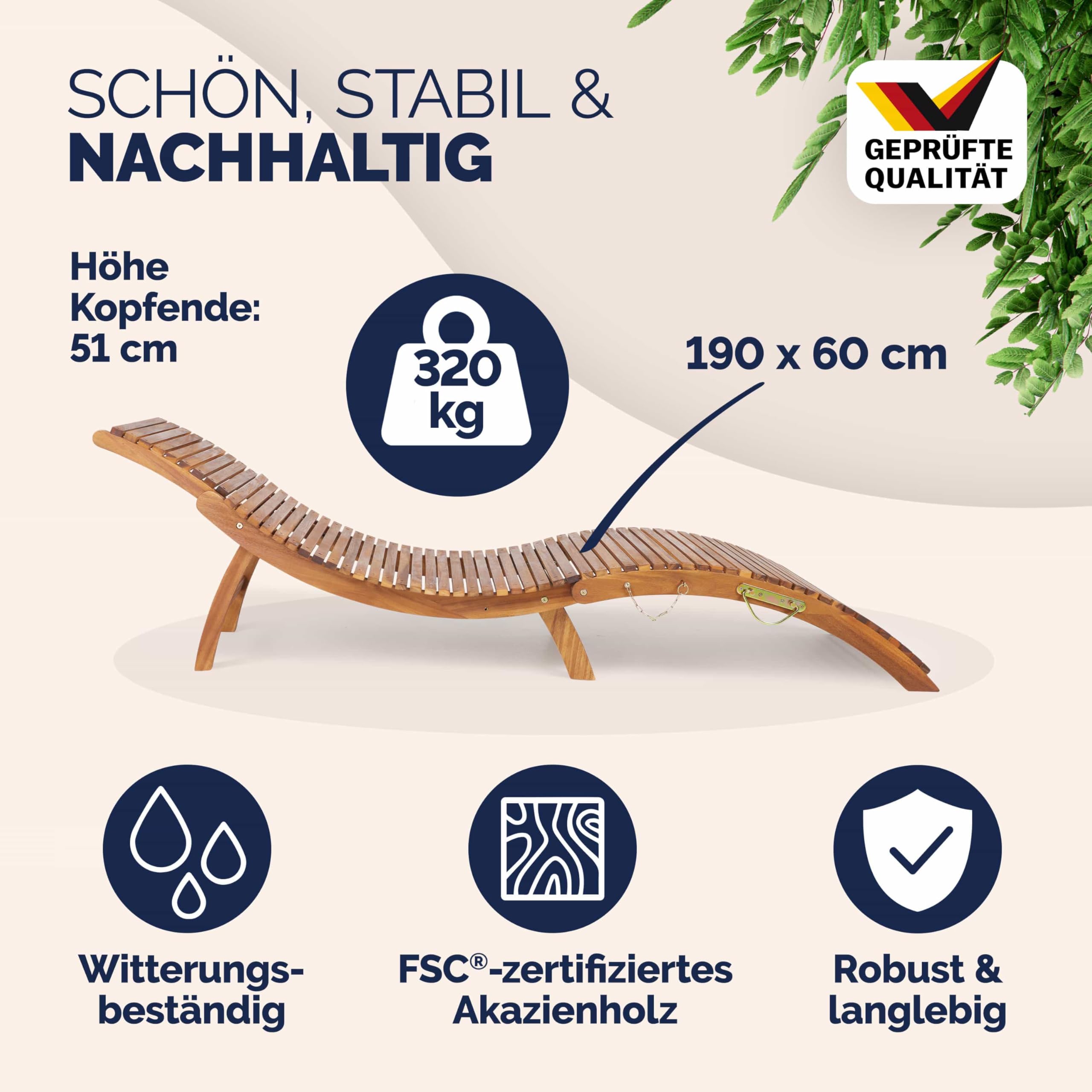 Casaria® Sonnenliege Klappbar Holz FSC®-Zertifiziert 320kg Belastbarkeit 190x60cm Tragegriff Kofferfunktion Garten Balkon Terrasse Gartenliege Klappliege Akazie
