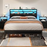 Furnulem Queen Bed Frame with Headboard & 2 Fabric Drawers&comma; Bed Frame Queen Size Featuring LED Lights&comma; Built-in Charging Station & Storage Shelves&comma; Metal Slats&comma; No Box Spring Needed – Black Oak