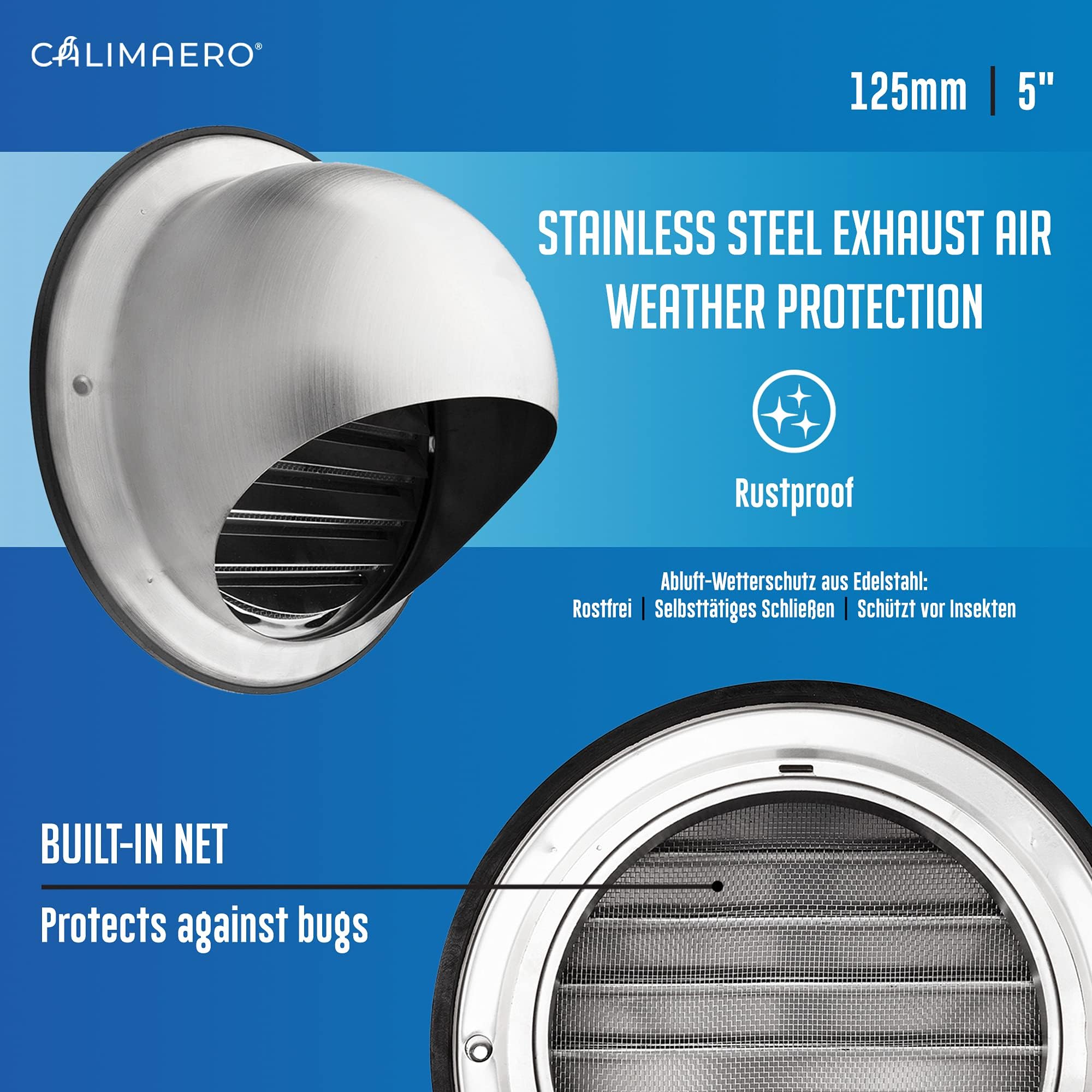 KWG Griglia Ventilazione 125mm Griglia Aerazione Acciaio Inox, Griglia per l'aria di scarico, Zanzariera integrata, Molto resistente alle intemperie, Coperchio esterno della cappa aspirante