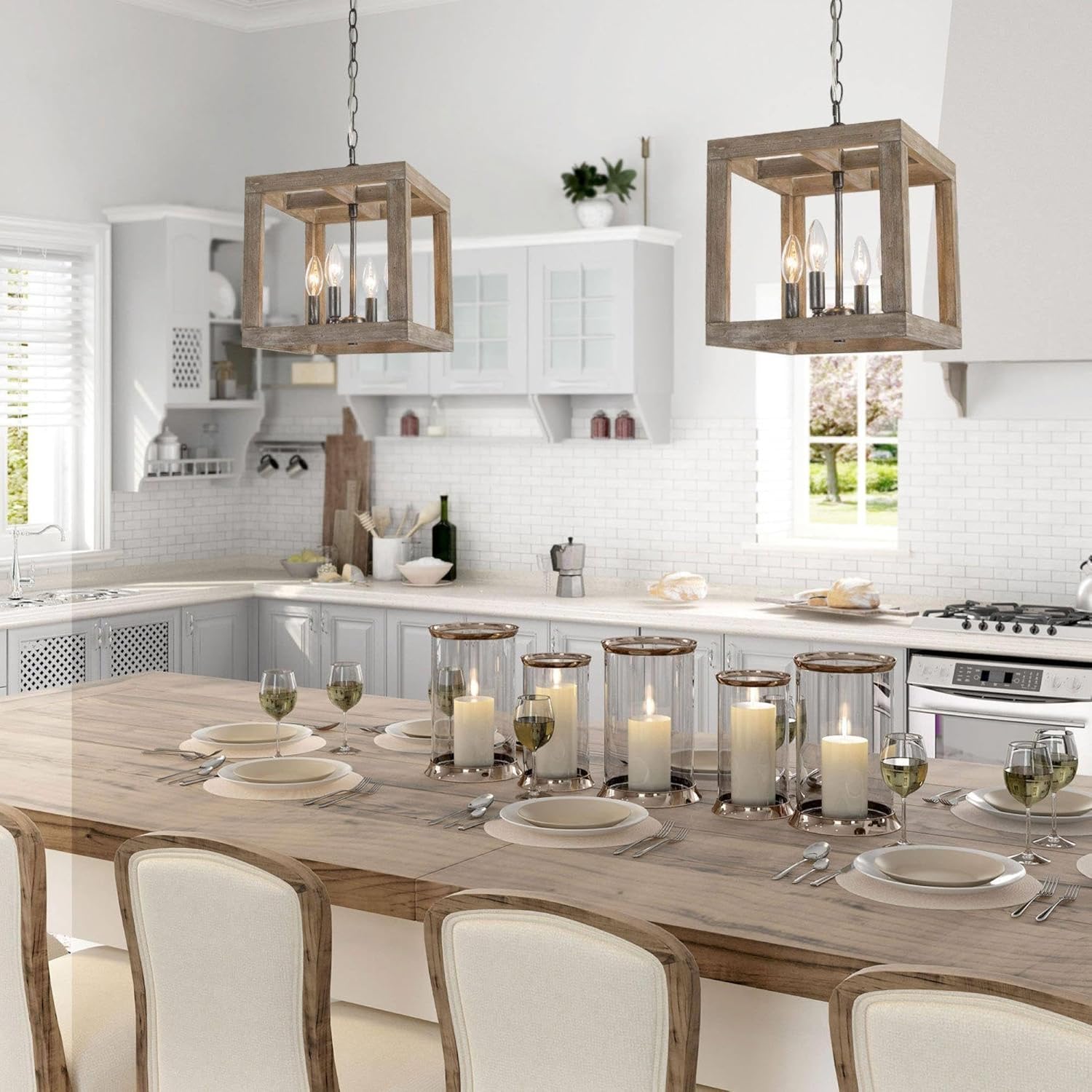 Chandeliers for Dining Room, Farmhouse Wood Chandelier 4 Light Hanging Pendant Light Fixtures for Foyer, Entryway, Living Room