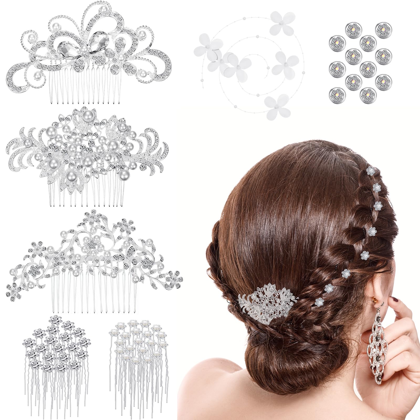 Boao 56 Pieces Bride Hair Accessories for Wedding Crystal Pearl Bridal Headpiece Hair Comb Rhinestone Clips Bridesmaid Flowers U-shaped Glitter Headpiece for Prom Wedding Hairstyles