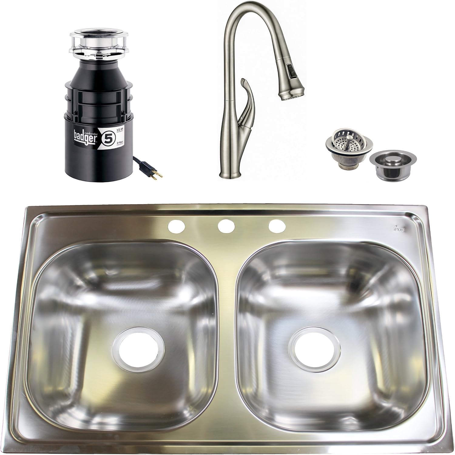 Westbrass S3348B-07 Stainless Steel 50/50 Double Bowl Kitchen Sink Set (Includes: Faucet in Stainless Steel, BADGER 5 Garbage Disposal and Strainer) 33" Stainless Steel