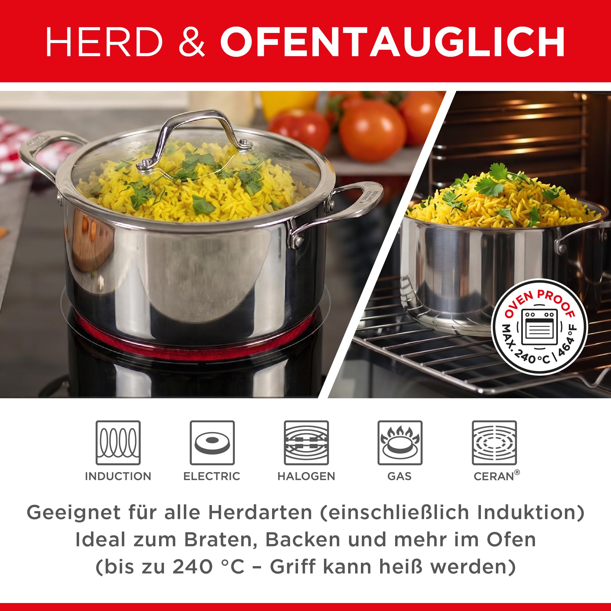 KUHN RIKON ALLROUND Kochtopf 2,3l, 18cm, für alle Herdarten inkl. Induktion, Edelstahltopf mit Glasdeckel, Backofentauglich, Optimale Wärmespeicherung und -verteilung, Spülmaschinentauglich