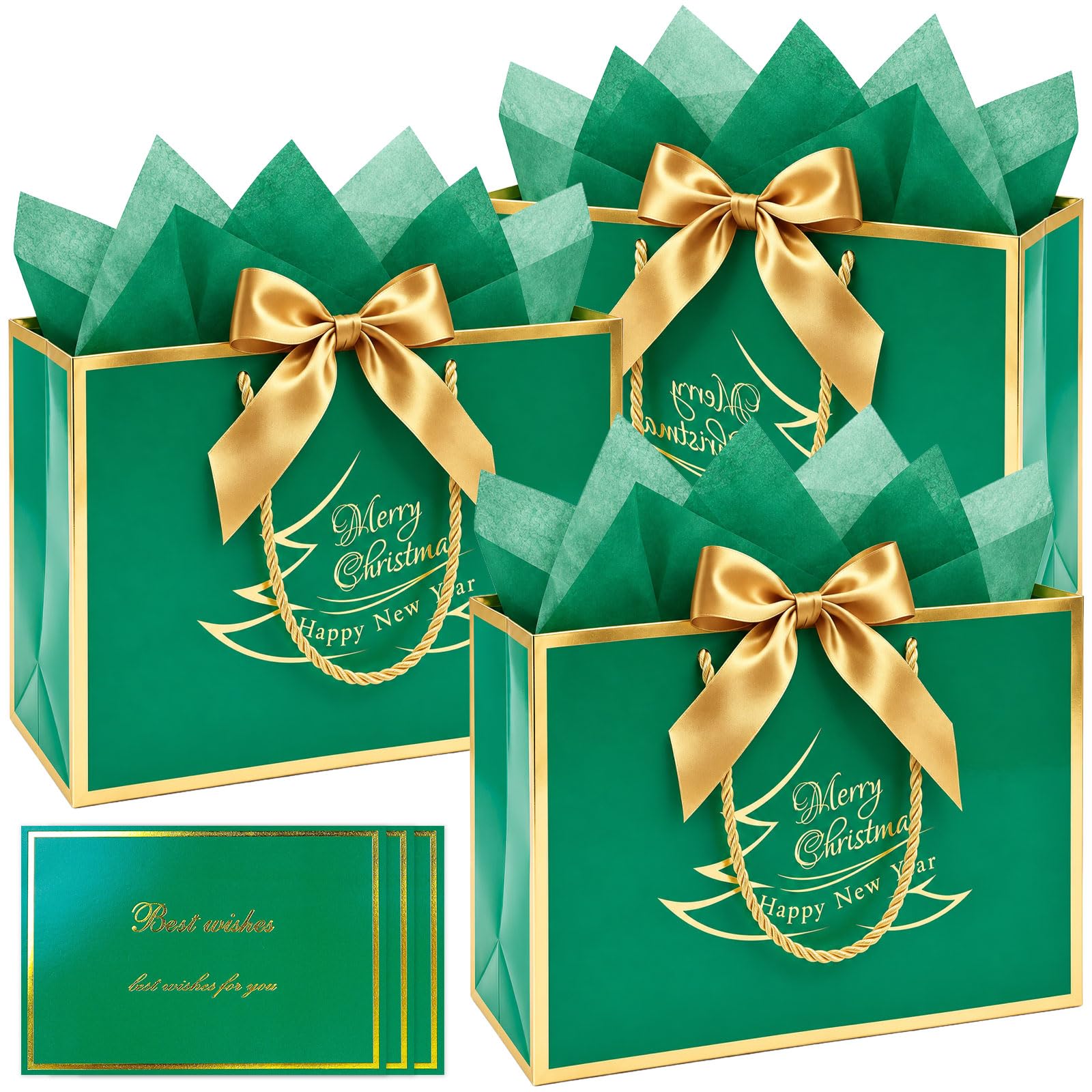 Christmas Green Gold Gift Bag with Handles, 3pcs Medium Paper Present Bags — image 1
