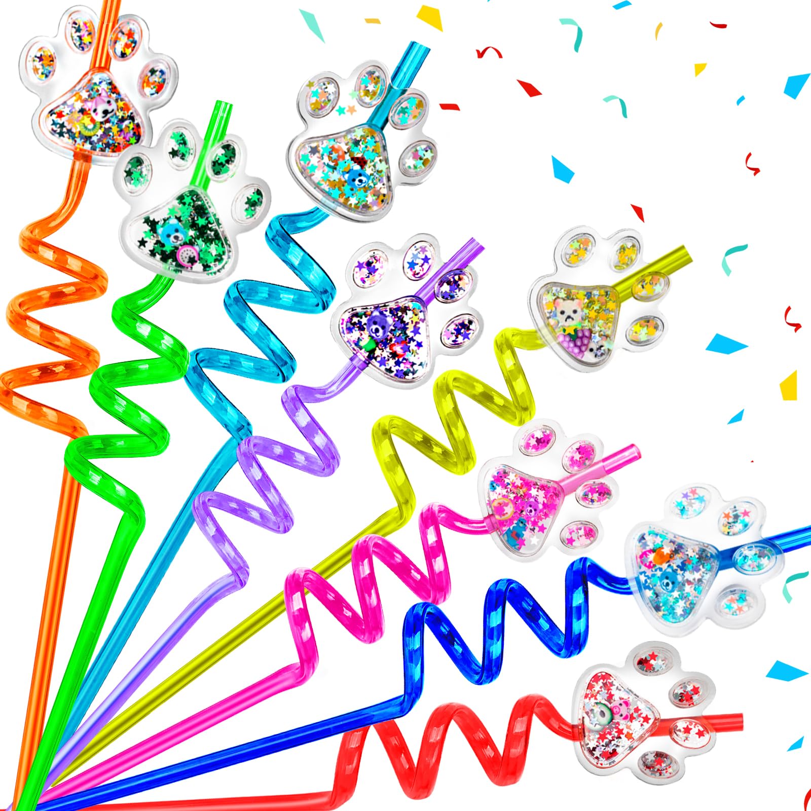 JUNUO 24Pcs Reusable Glitter Paw Print Drinking Straws，Dog Themed Party Supplies，Suitable for Cat Party Supplies Decorations Pet Party With 2Pcs