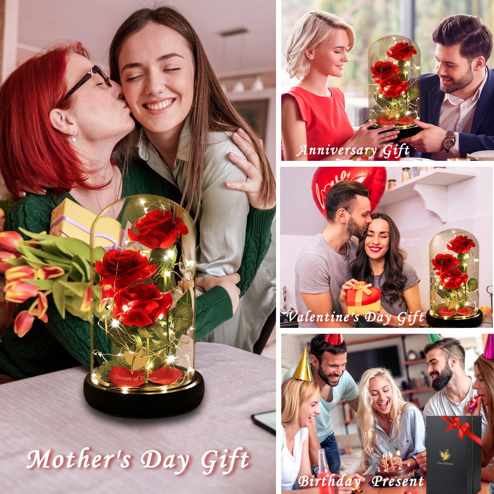 Mothers Day Mom Gifts for Mom, Womans Gifts for Mother Day Decorations Beauty and The Beast Rose Flowers, Artificial Flower Rose Gift Romantic Red Silk Rose,Anniversary Flower in Glass Dome, for Her